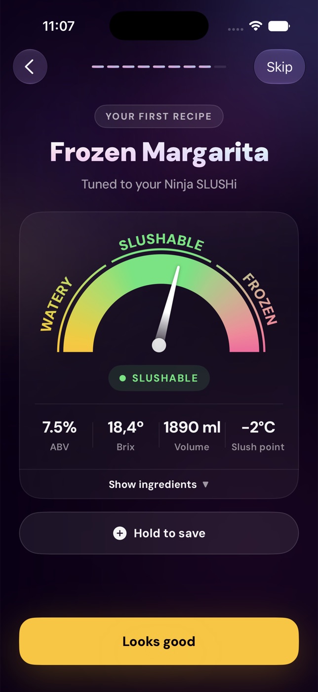 Slushable first-recipe walkthrough showing a Frozen Margarita tuned to a Ninja SLUSHi with ABV, Brix, volume, and Slushometer status.