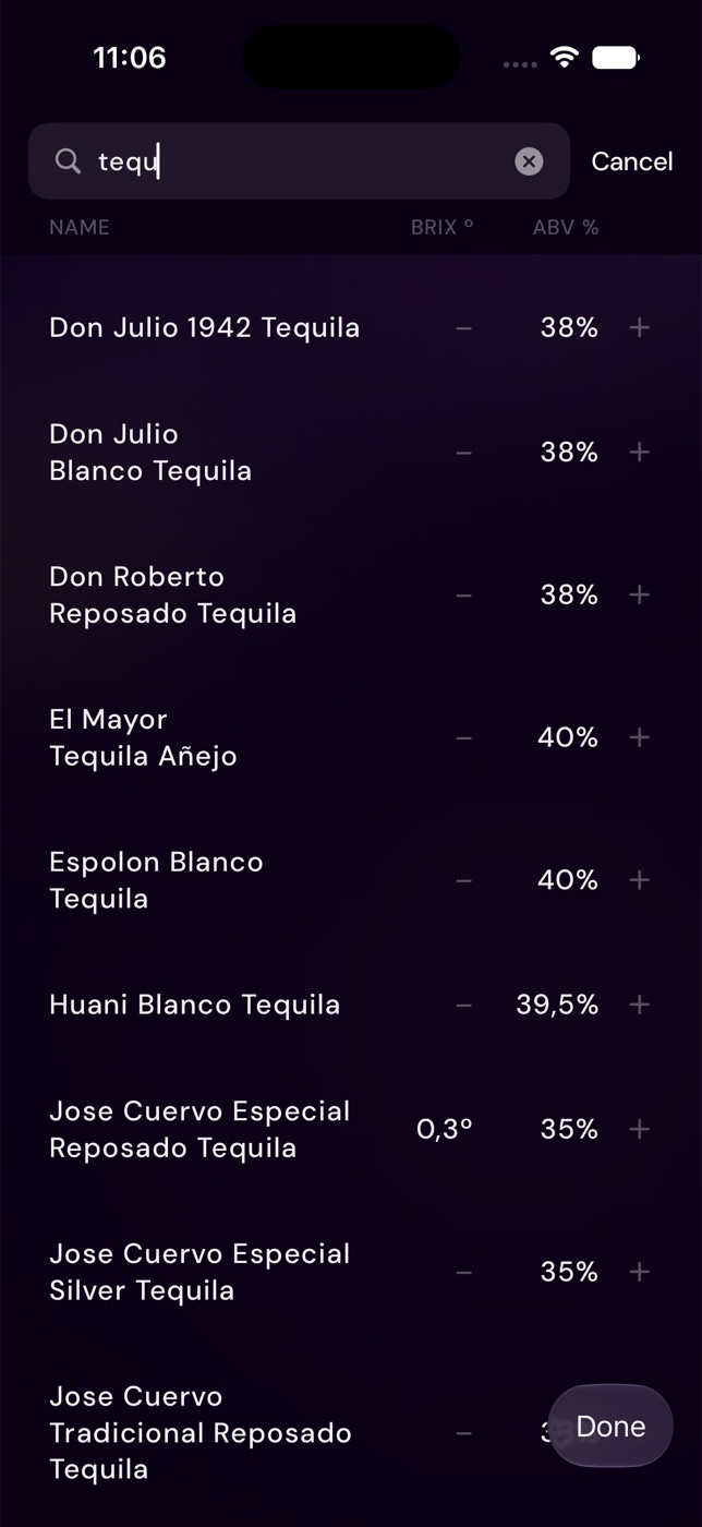 Slushable ingredient search filtered to tequila, showing branded spirits with Brix and ABV data for recipe balancing.