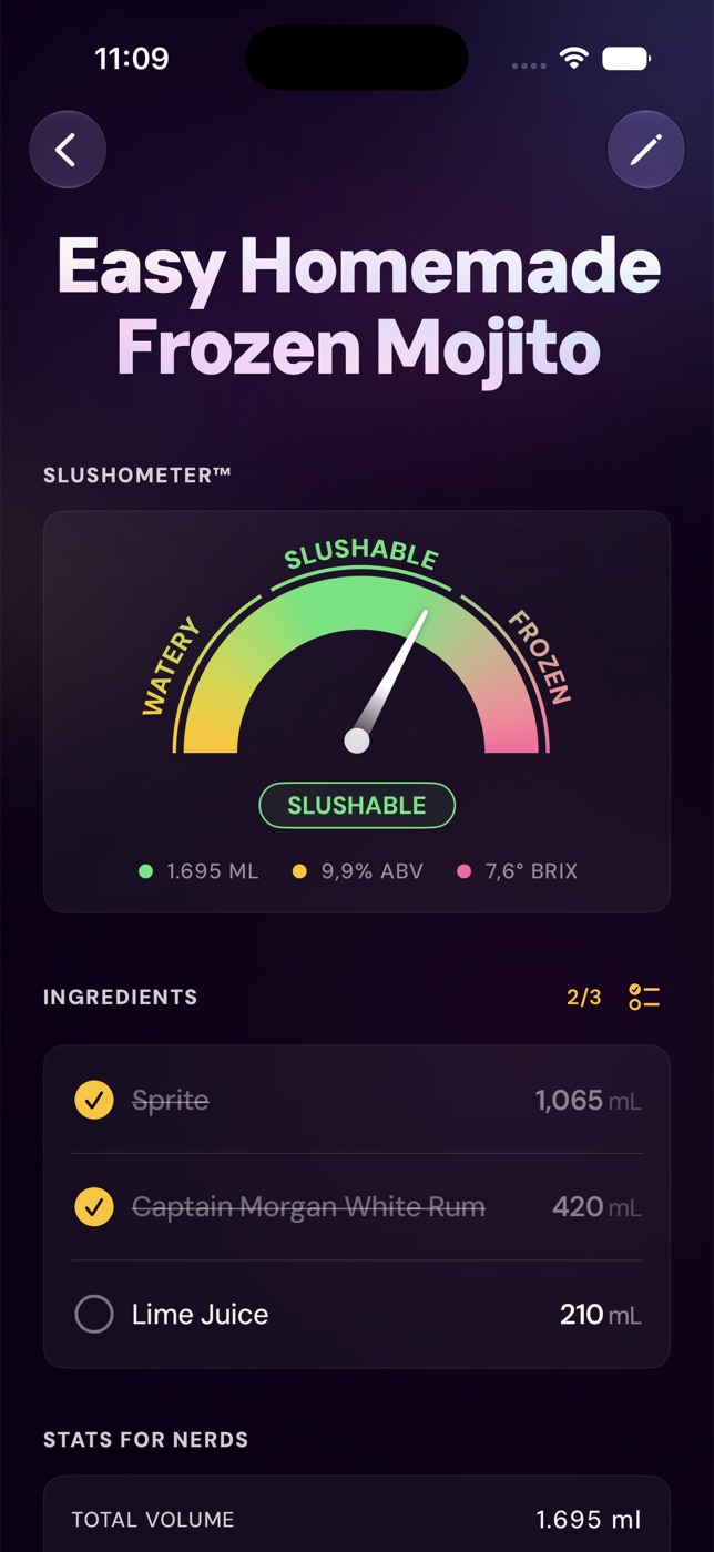 Slushable Make Mode showing a step-by-step ingredient checklist for a frozen drink beside a Slushometer status.