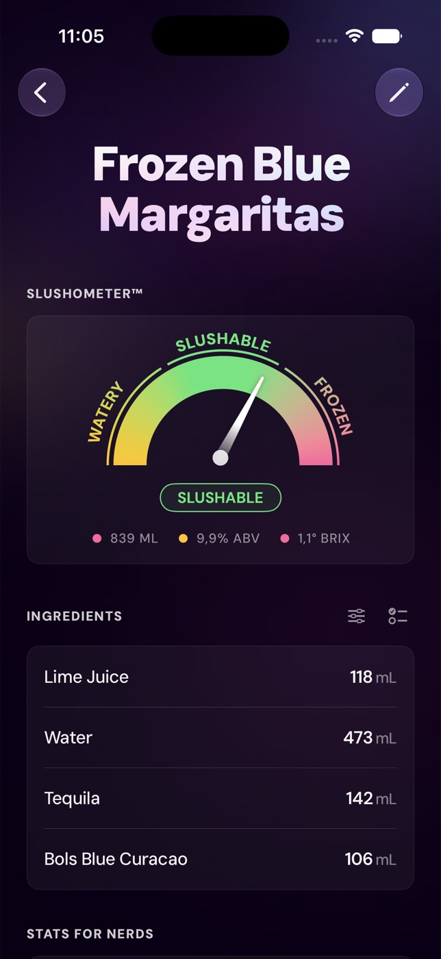 Slushable app recipe detail for Frozen Blue Margaritas showing the Slushometer gauge in the green 'Slushable' zone above an ingredient list with millilitre amounts.