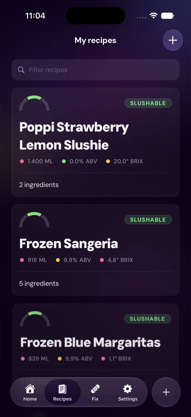 Slushable app 'My recipes' list showing saved frozen drinks like Poppi Strawberry Lemon Slushie and Frozen Sangeria, each with a green Slushable status badge and Brix and ABV stats.
