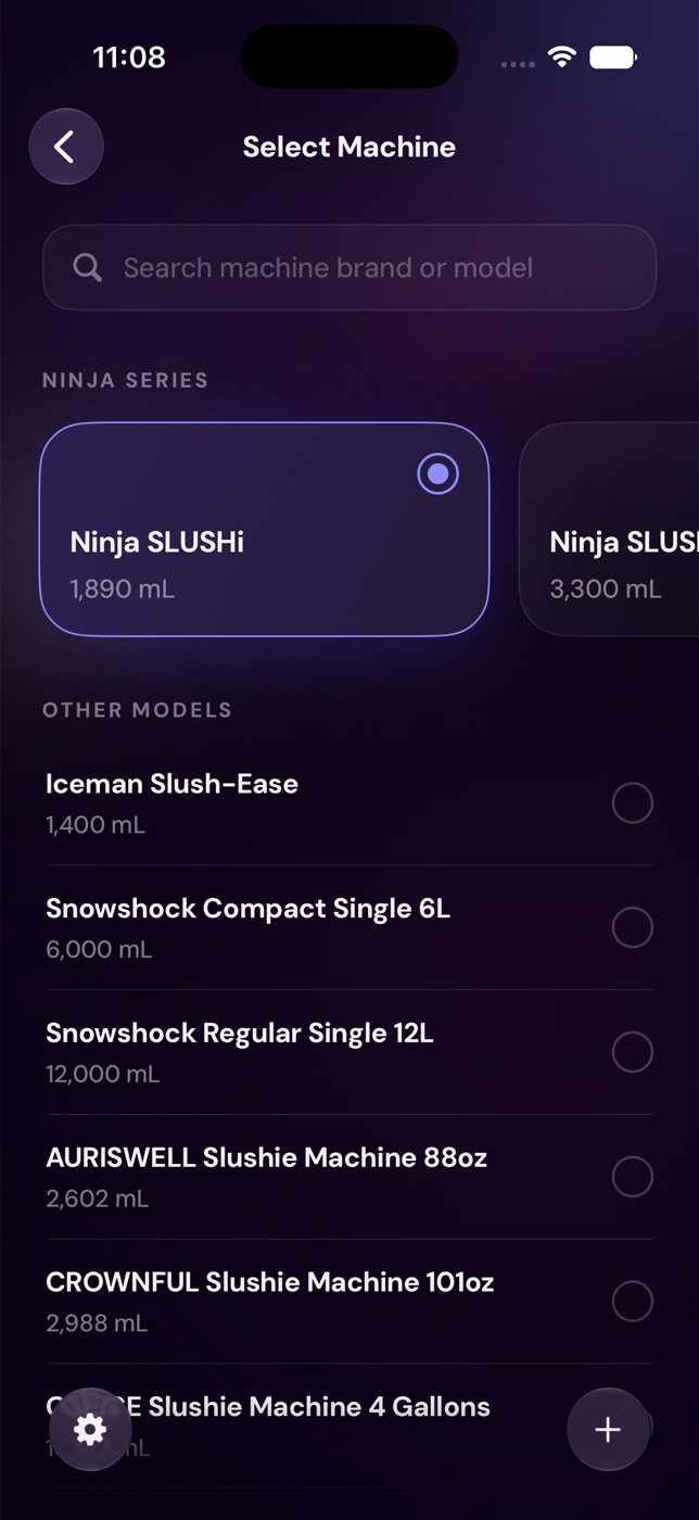 Slushable app 'Select Machine' screen with the Ninja SLUSHi selected and other home slush machine models listed with their capacities.