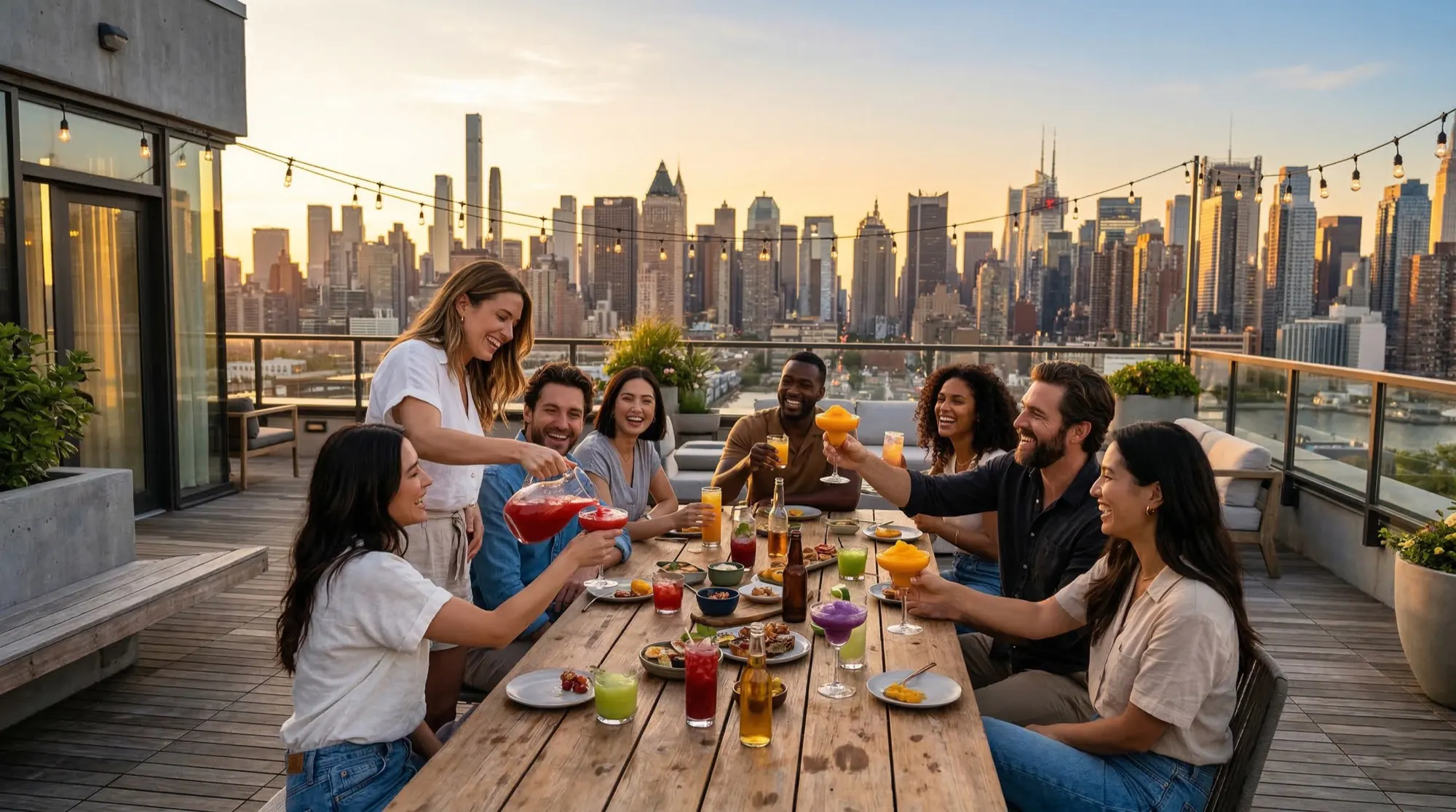 Friends toasting colourful slushes at a golden-hour rooftop party over the city skyline