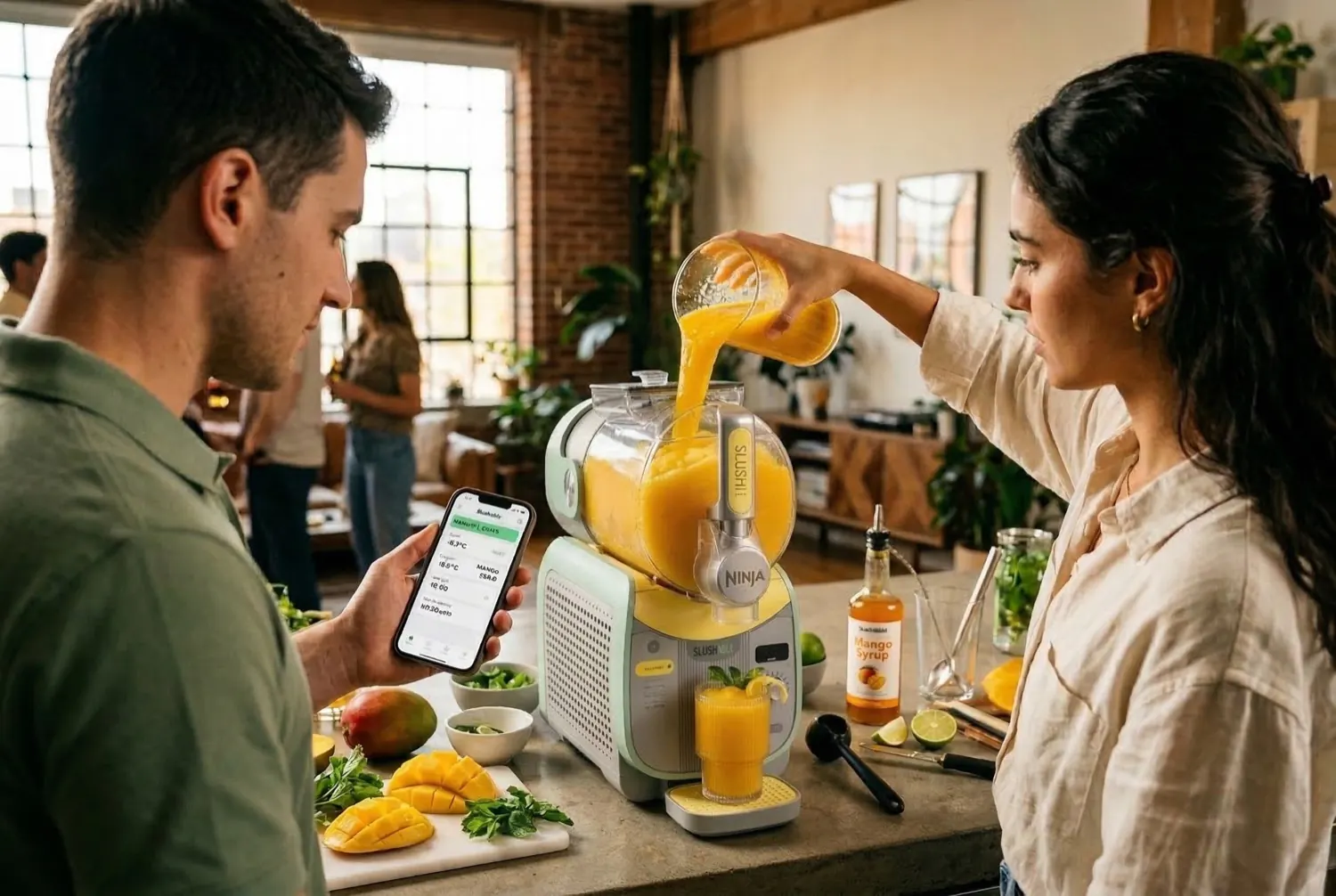 Pouring a fresh batch of mango slush from a pitcher in the kitchen