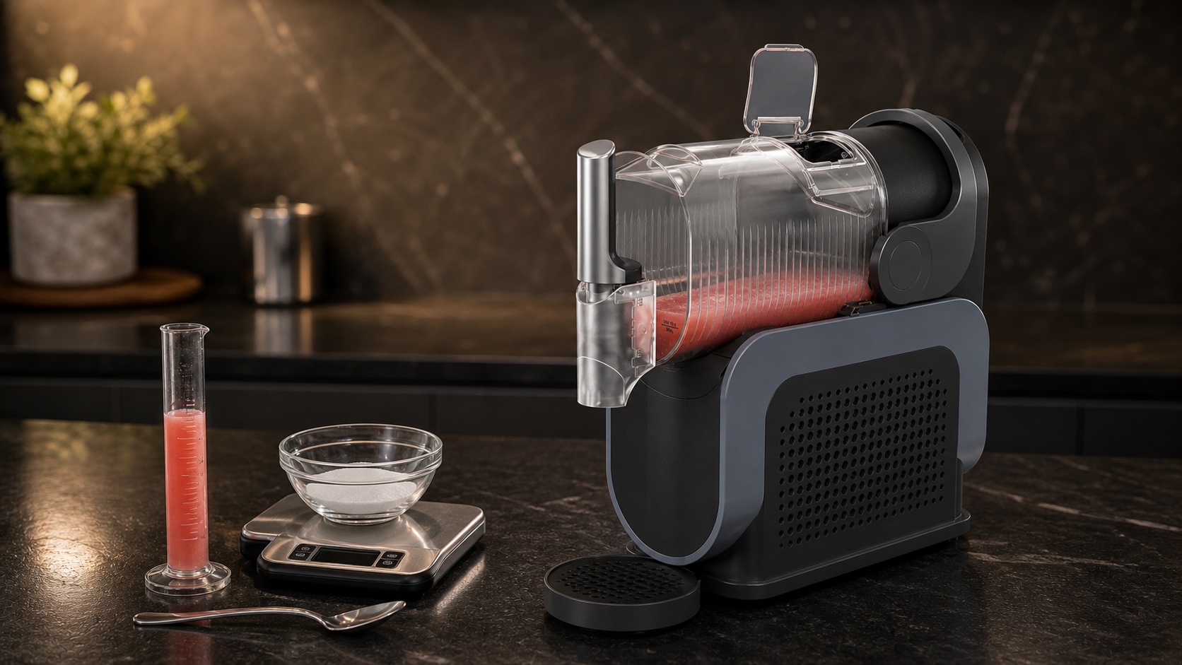 Ninja SLUSHi with a 100 ml measuring cylinder and sugar on a kitchen scale