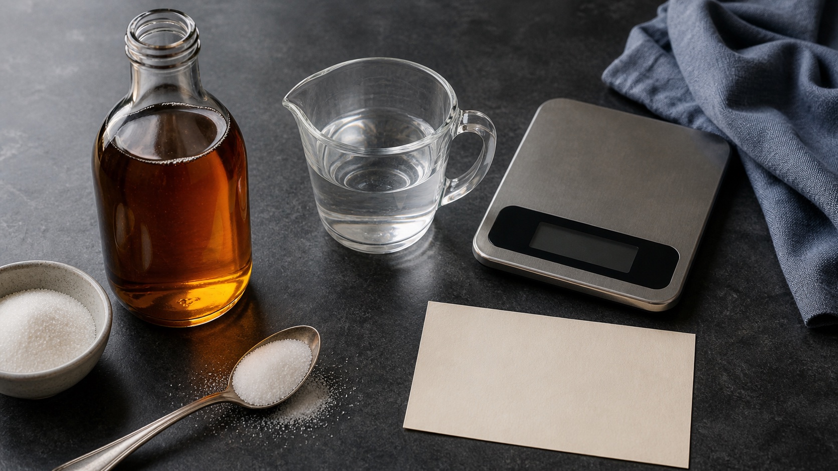 Unbranded syrup bottle, measuring cup, kitchen scale, spoon, sugar, and blank label card arranged for a recipe measurement