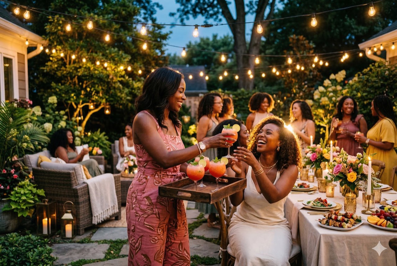 Two women toasting frozen cocktails over a string-lit backyard dinner table with a crowd of guests at dusk.