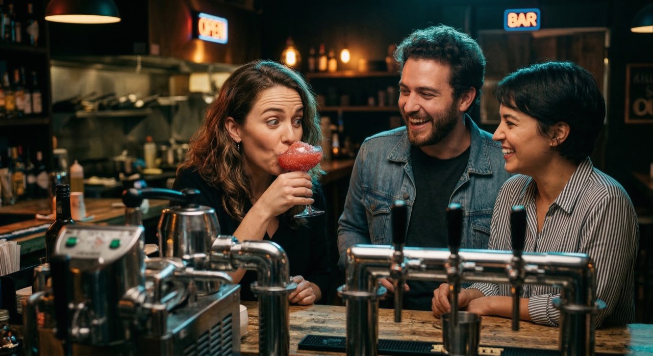 Three friends laughing together at a dim pub bar as one sips a red frozen cocktail through a straw.