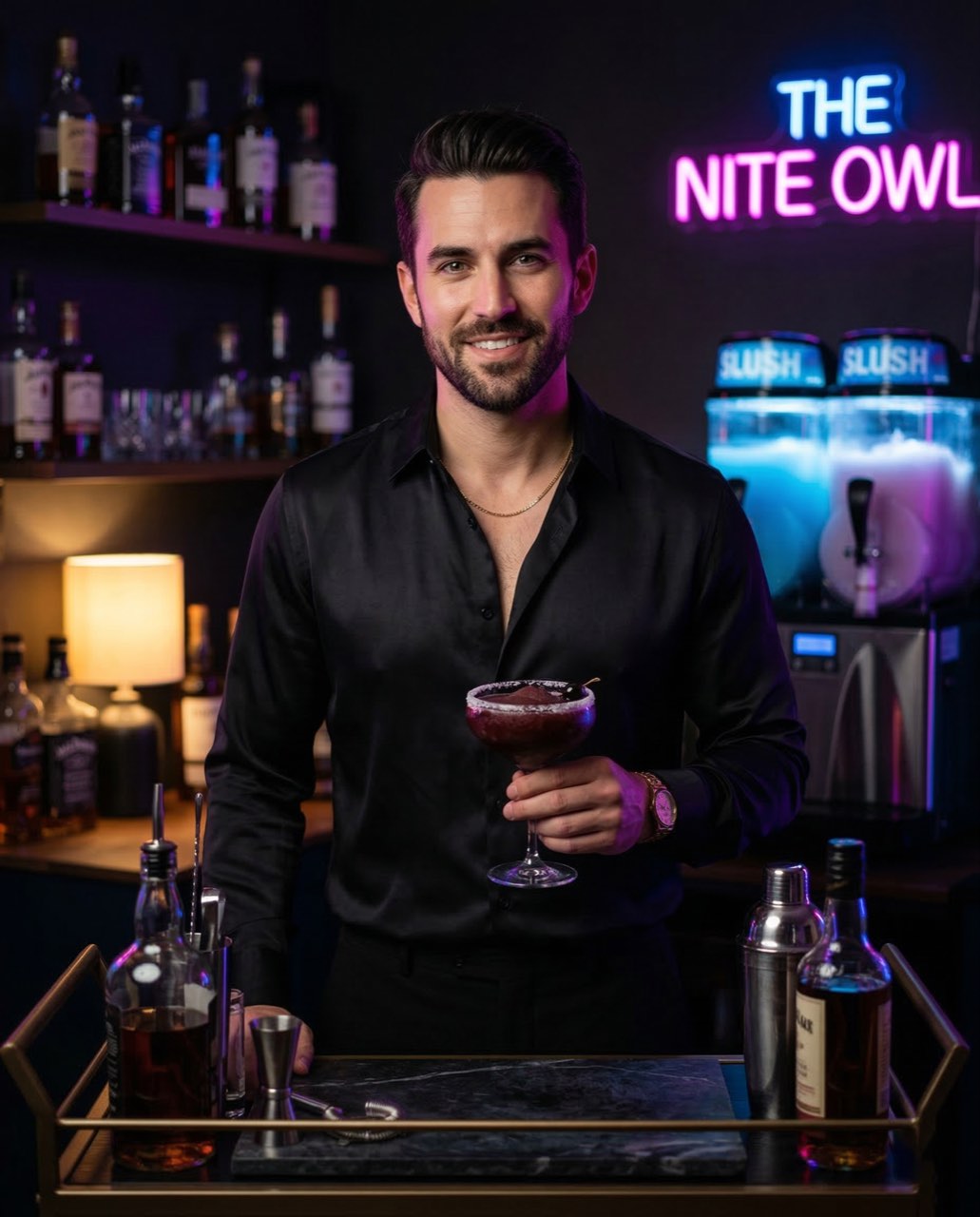 Smiling bartender in black holding a frozen berry cocktail in front of a 'Nite Owl' neon sign and a glowing twin-bowl slush machine.