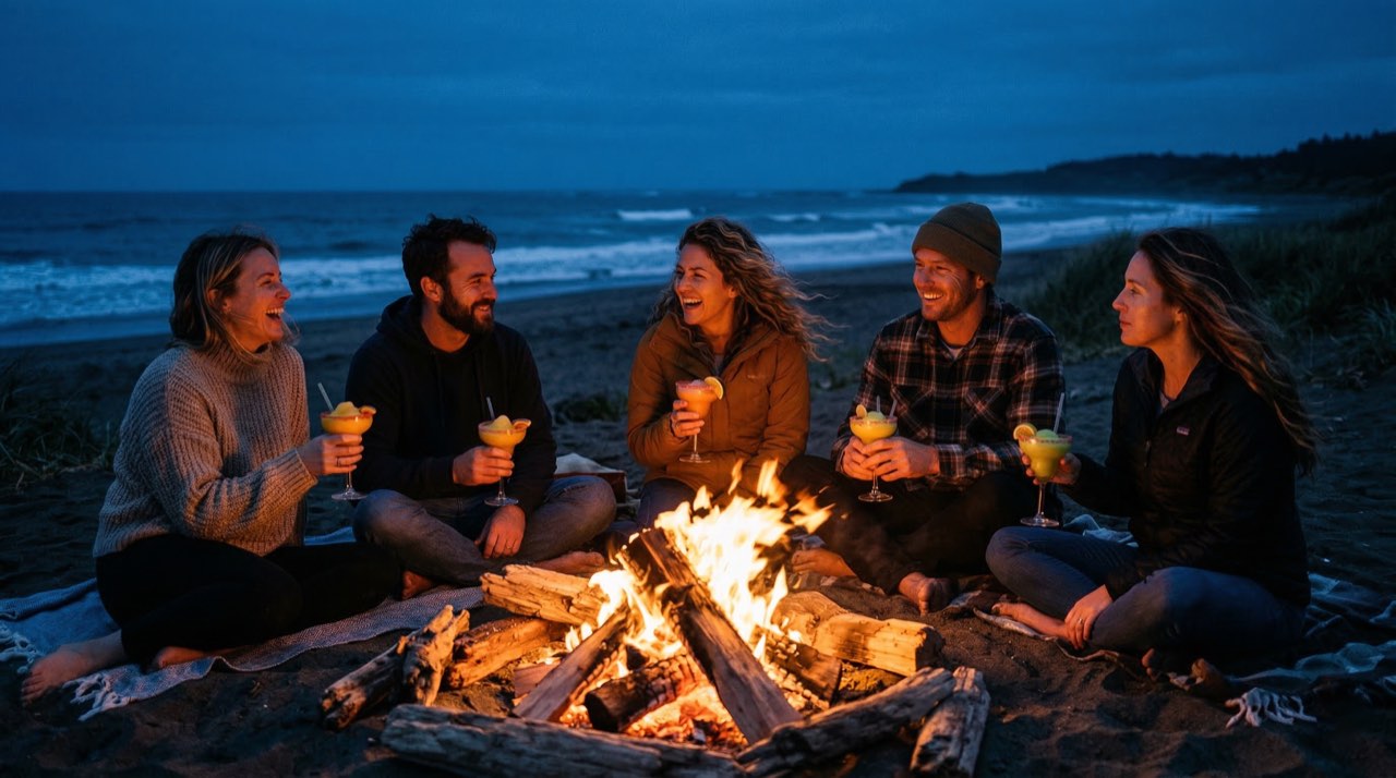 Five friends sitting around a beach bonfire at dusk holding frozen margaritas, the ocean behind them.