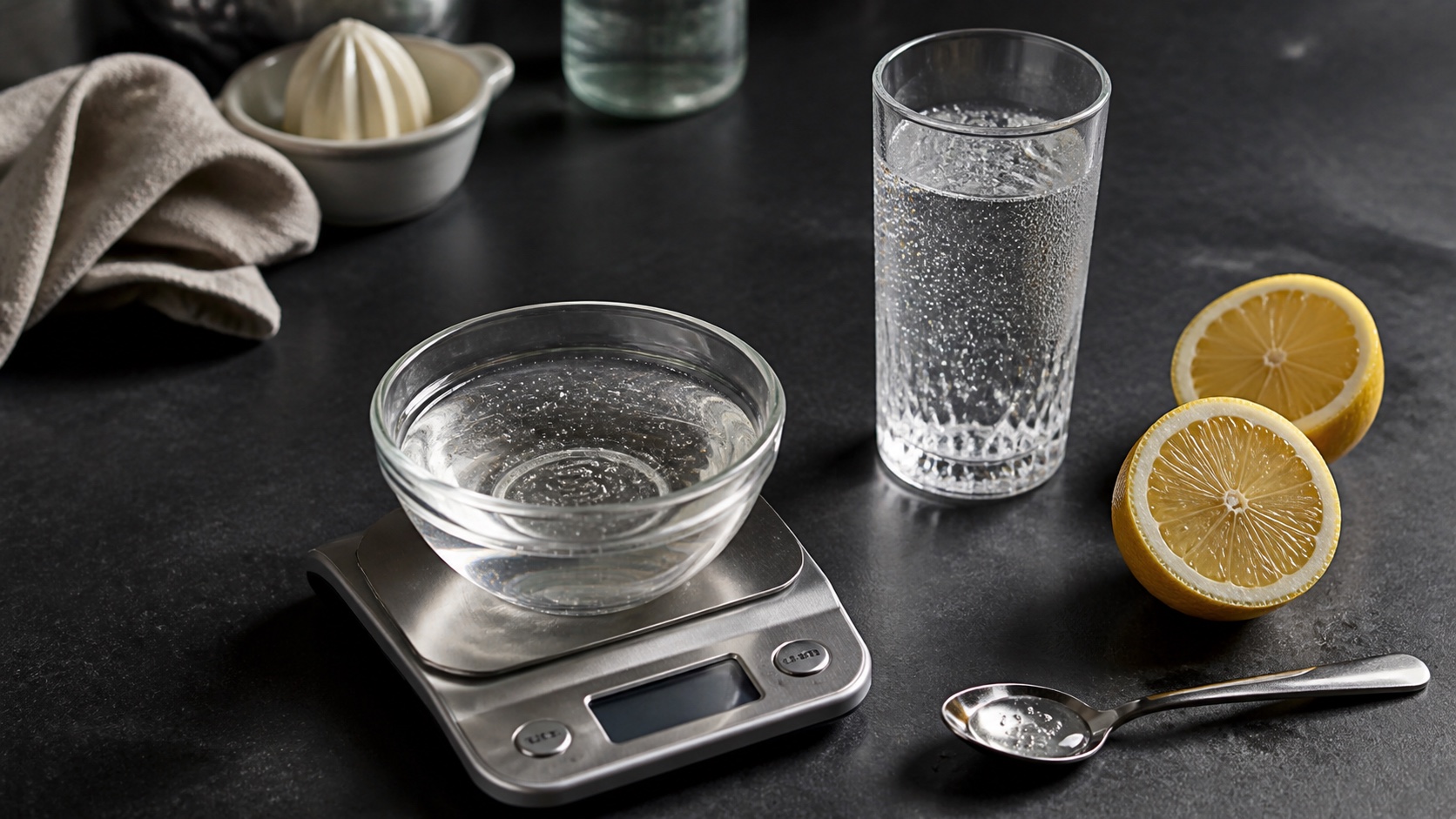 Liquid bulk sweetener, diet citrus soda, lemons, and a kitchen scale arranged for a measured sugar-free slushie batch.