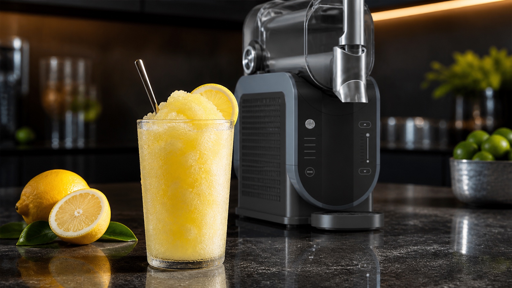 Fine-crystal citrus slush in a frosted glass with lemon beside a Ninja SLUSHi-style machine.
