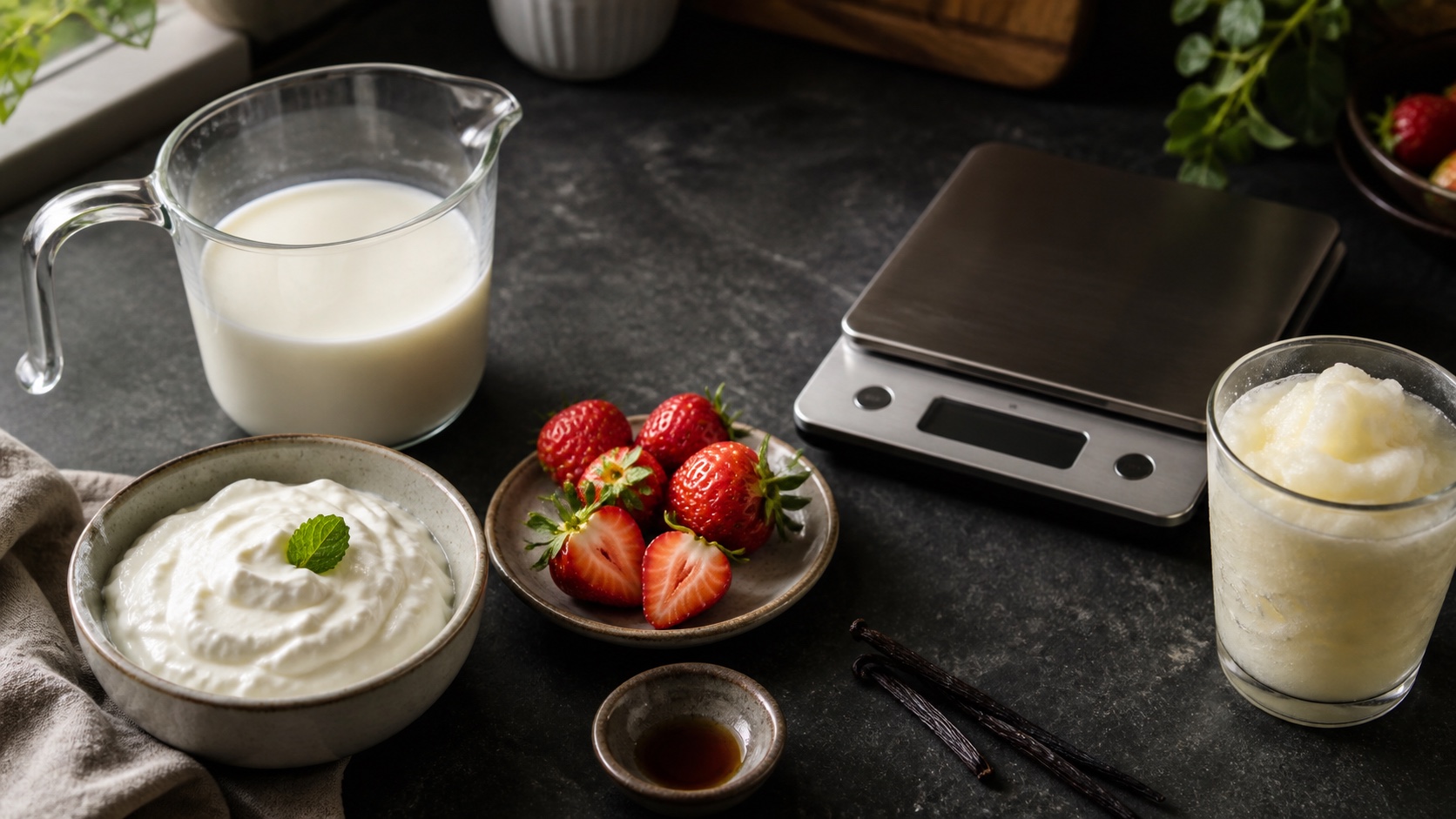 Milk, yogurt, strawberries, vanilla and a kitchen scale beside a glass of creamy frozen drink.