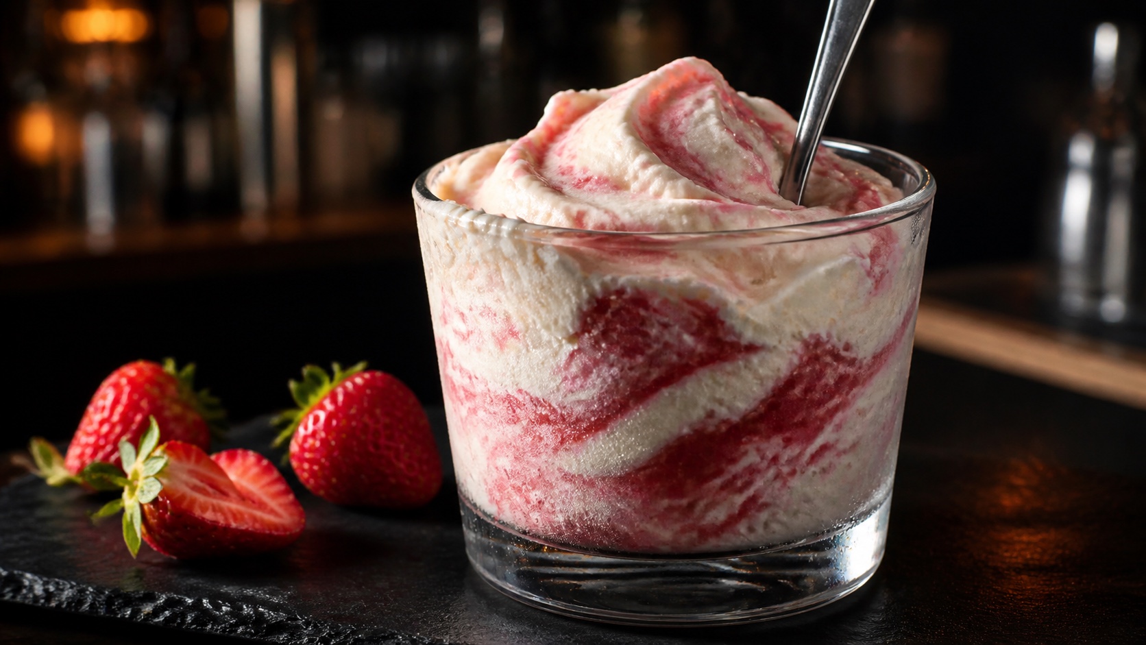 A thick ivory-and-berry frozen serving in a clear tumbler, with a spoon and strawberries alongside.