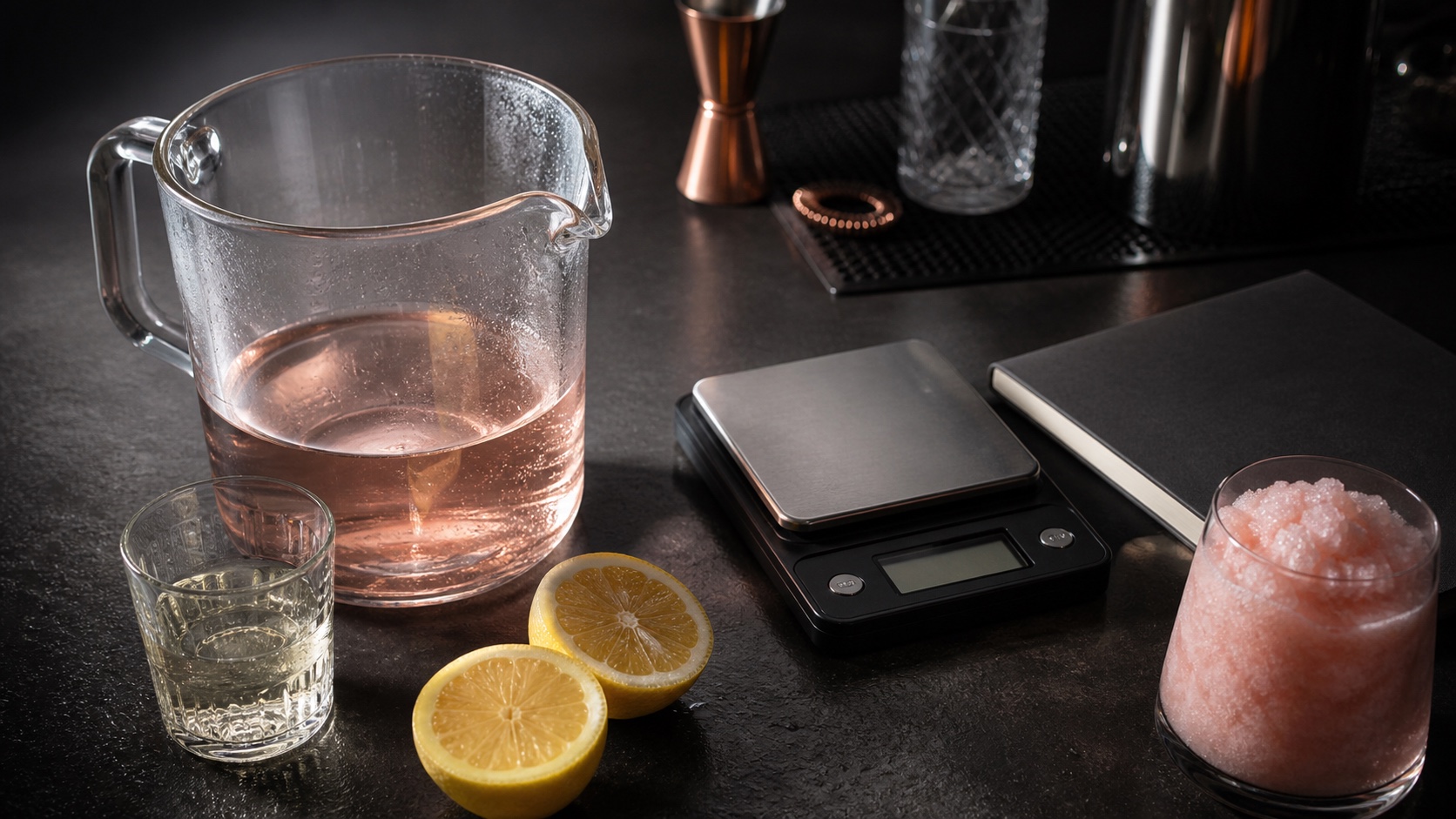Pale rosé, simple syrup, lemons, a kitchen scale, and a small glass of frozen wine arranged for a measured frosé batch.