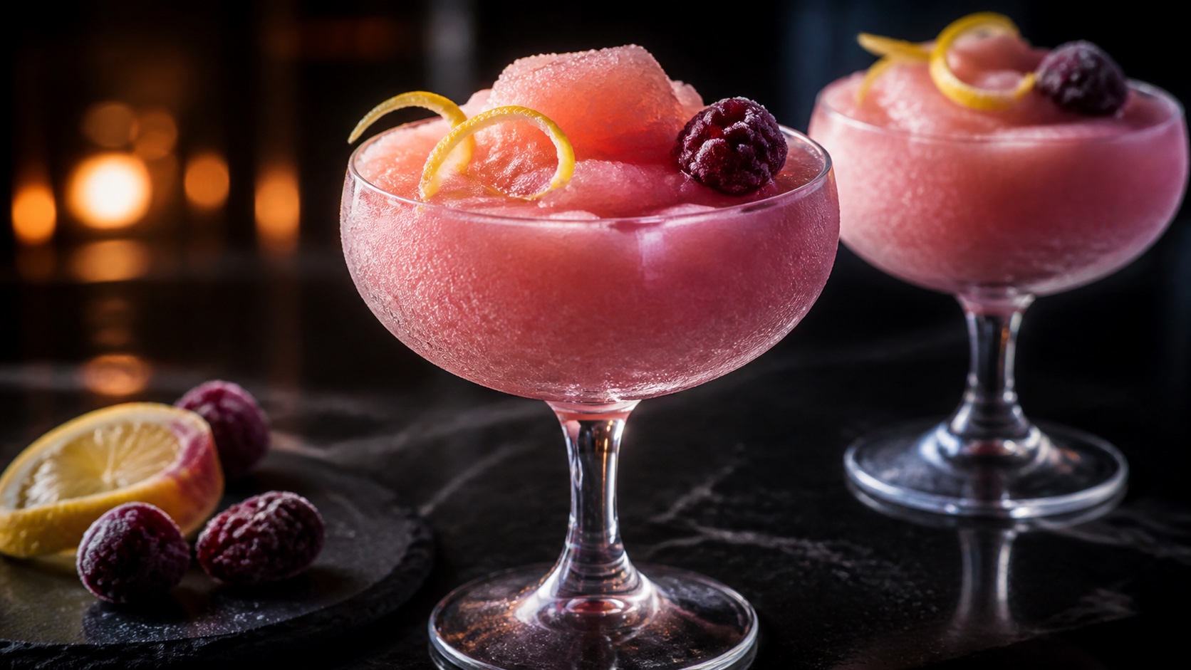 Two frosted coupes of pale rose-pink frosé with lemon twists and frozen berries on a dark bar.