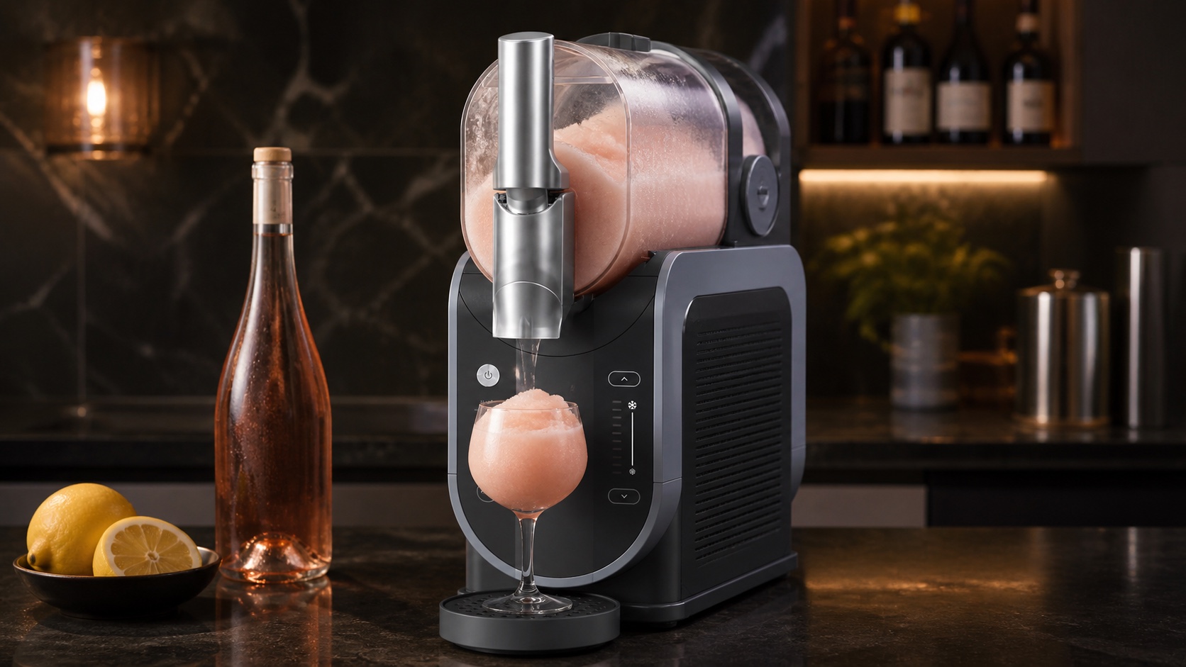 Reference-accurate Ninja SLUSHi-style machine making pale rose-pink frosé beside an unbranded rosé bottle and lemon.