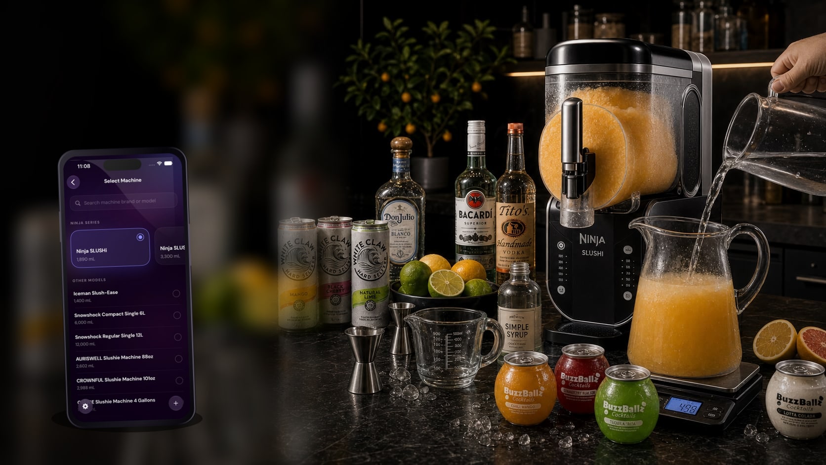 An iPhone showing the Slushable Select Machine screen placed on a dark bar counter beside White Claw cans, BuzzBallz cocktails, branded spirits, citrus, and water being poured into orange slush mix near a Ninja SLUSHi.