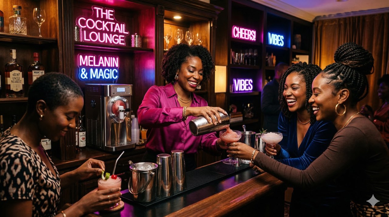 Group of women laughing at a neon-lit 'Cocktail Lounge' home bar while one pours a frozen cocktail from a shaker.