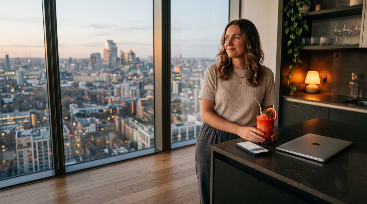 Couple laughing on a high-rise balcony at sunset clinking two layered frozen drinks, city skyline below.
