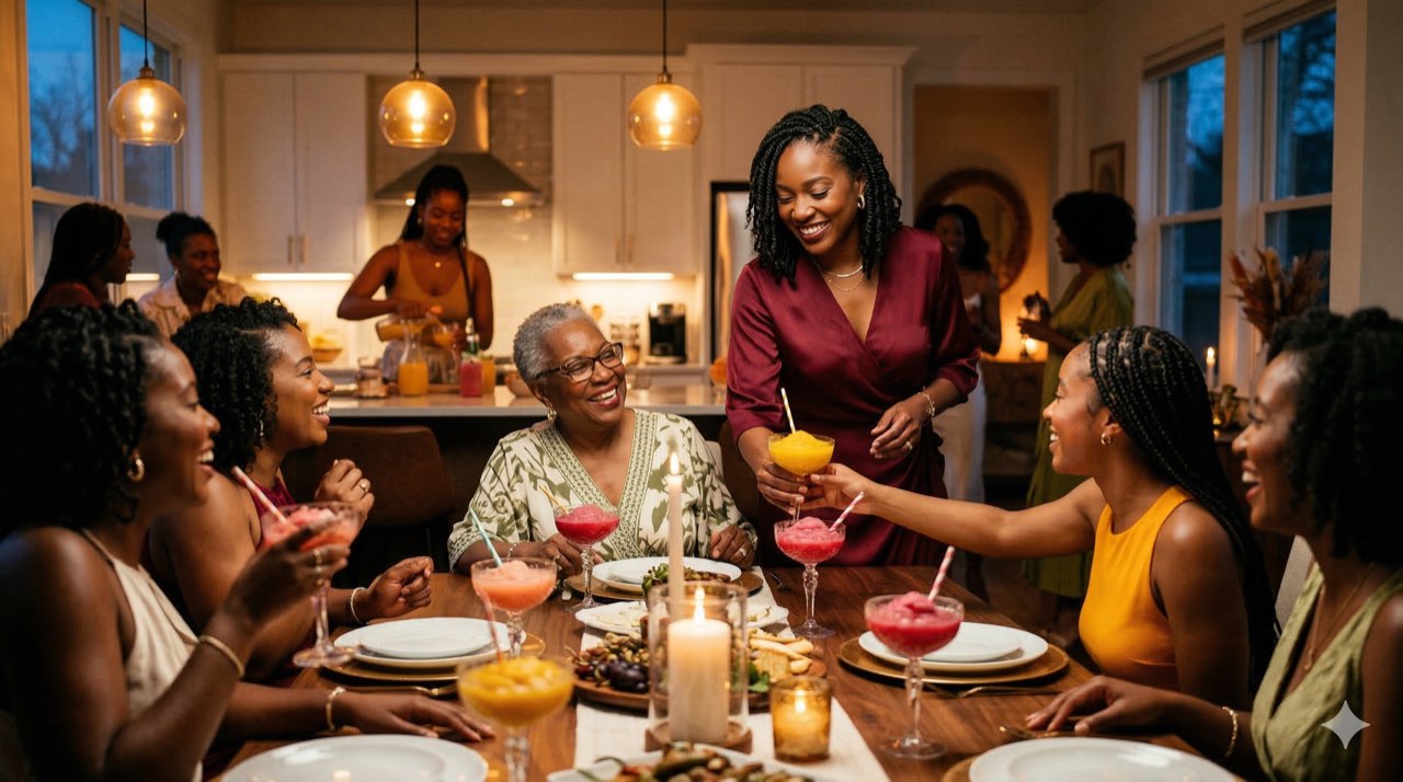 Multi-generational family gathered around a candle-lit dinner table being handed colourful frozen drinks by the host.