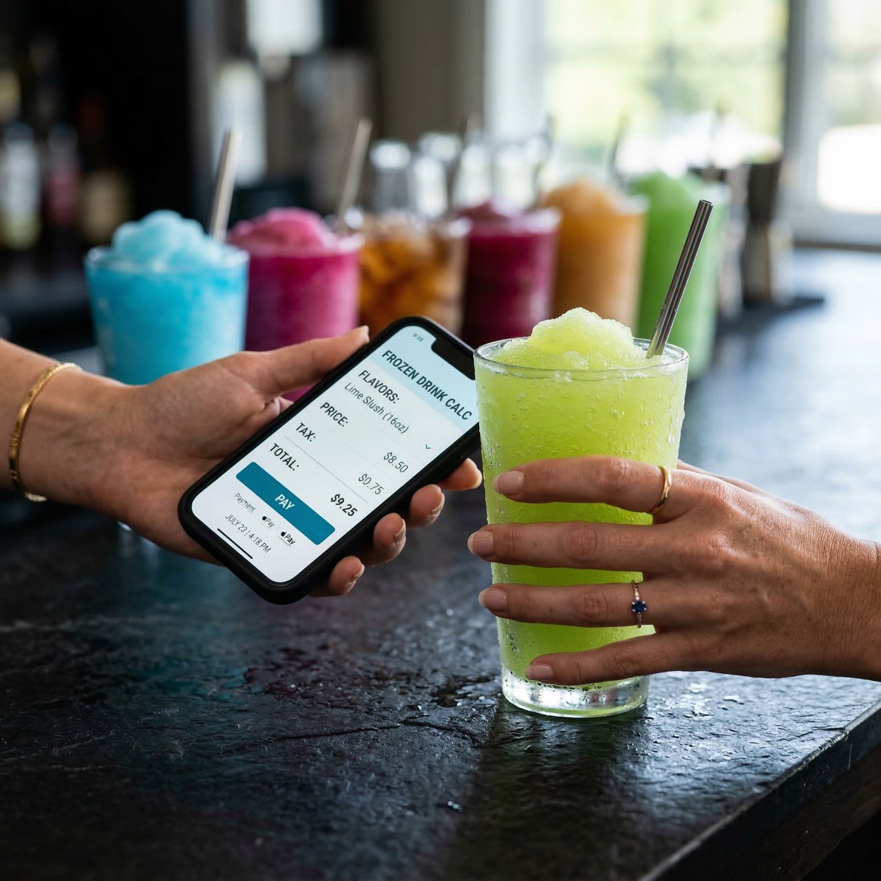 Close-up of two hands exchanging a tall green slush at a bar while a phone displays a frozen drink calculator with flavour and price fields, a row of colourful slushes blurred behind.