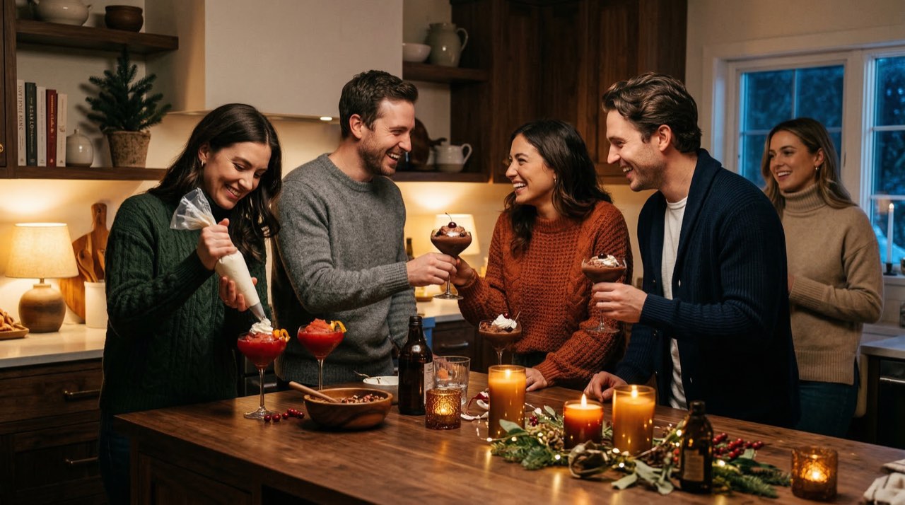 Four friends making layered frozen desserts together in a cosy candle-lit kitchen at a winter holiday gathering.