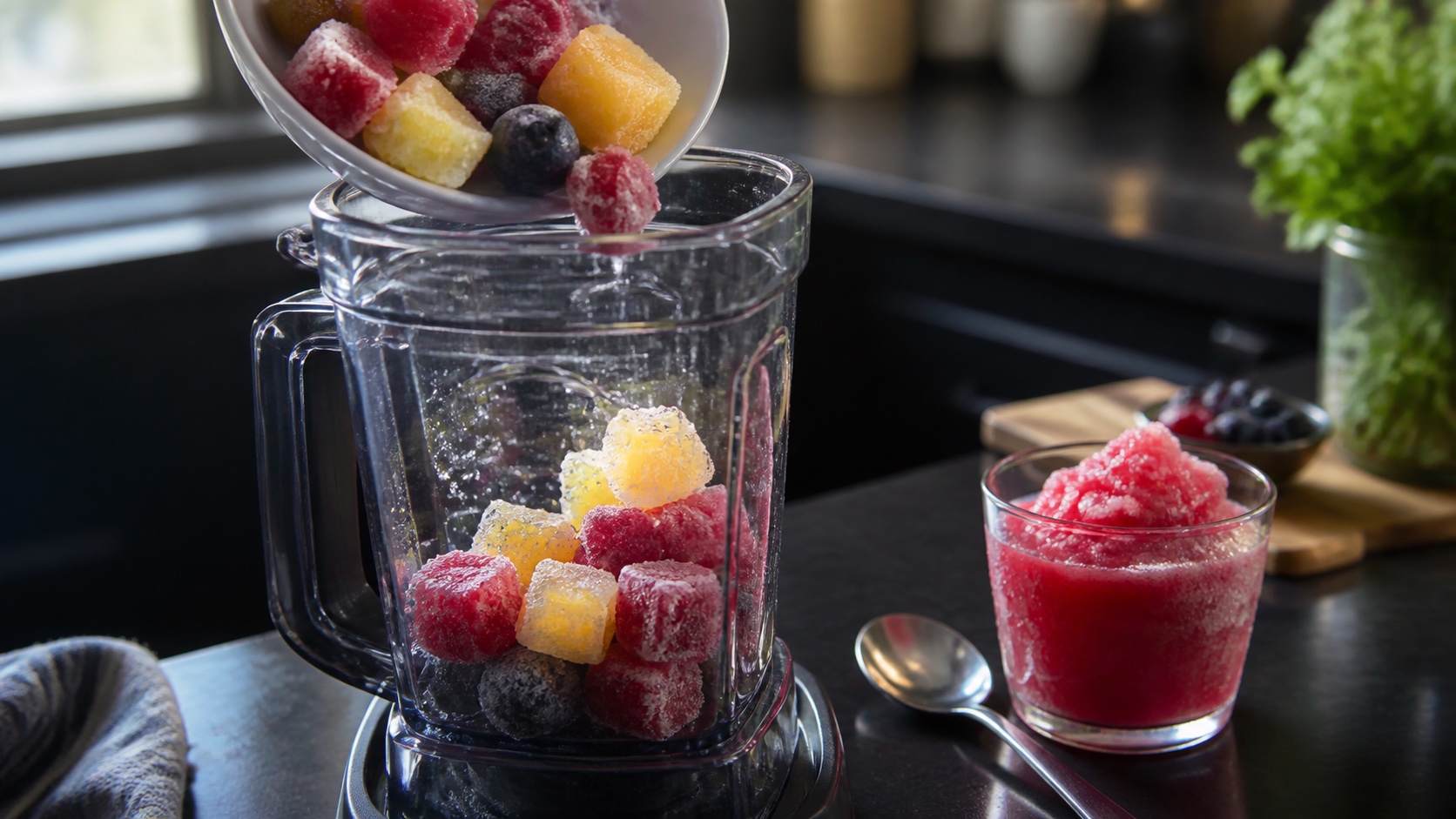 Frozen berry and citrus drink cubes being added to a countertop blender beside a finished glass of red slush.