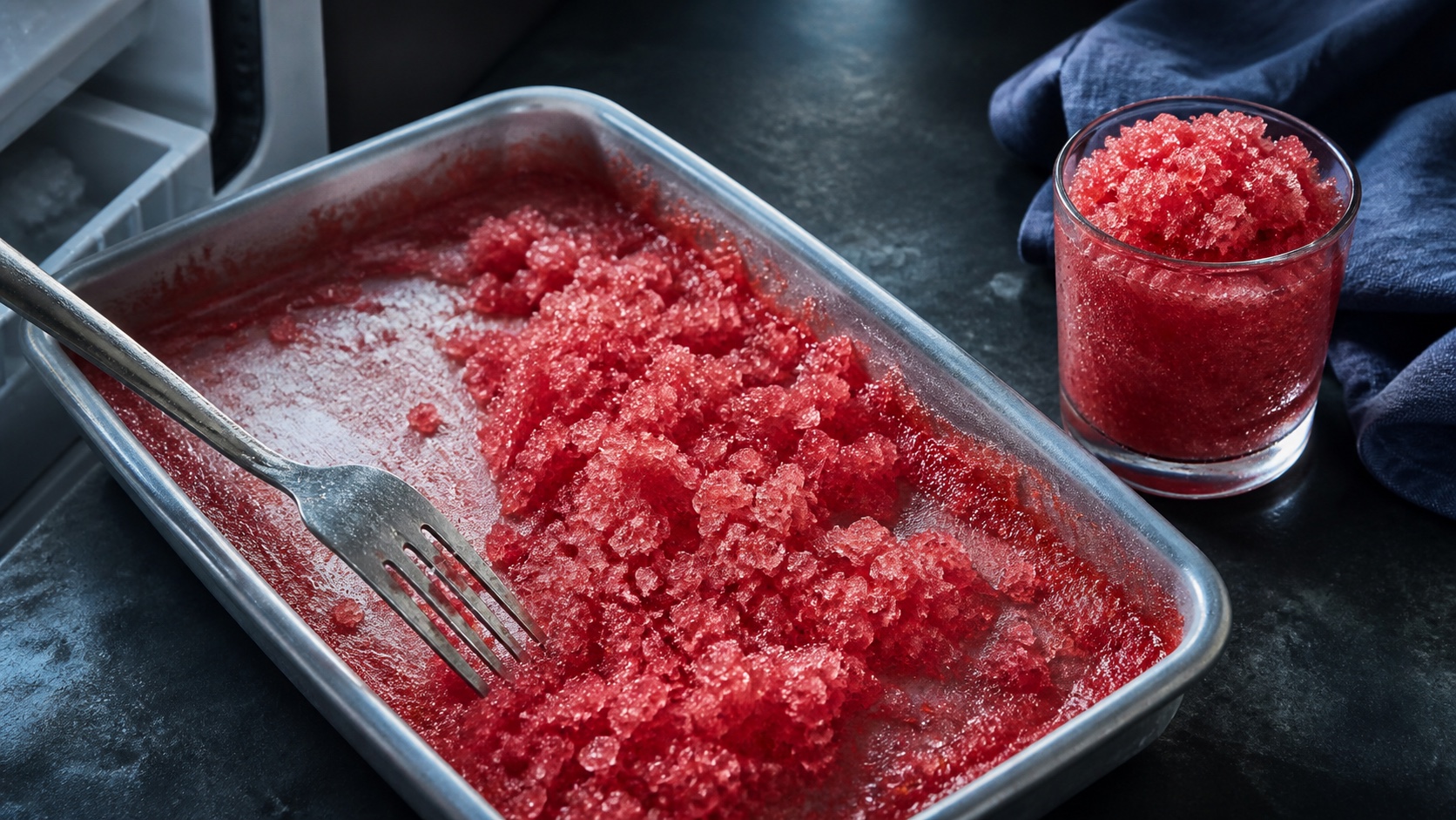 Ruby-red drink being scraped into fine granita crystals in a shallow metal tray with a finished slush glass beside it.