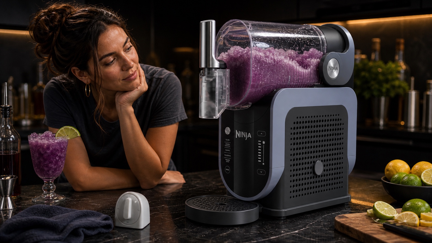 Ninja SLUSHi-style machine paused while a chunky purple slush ridge softens in the chamber.