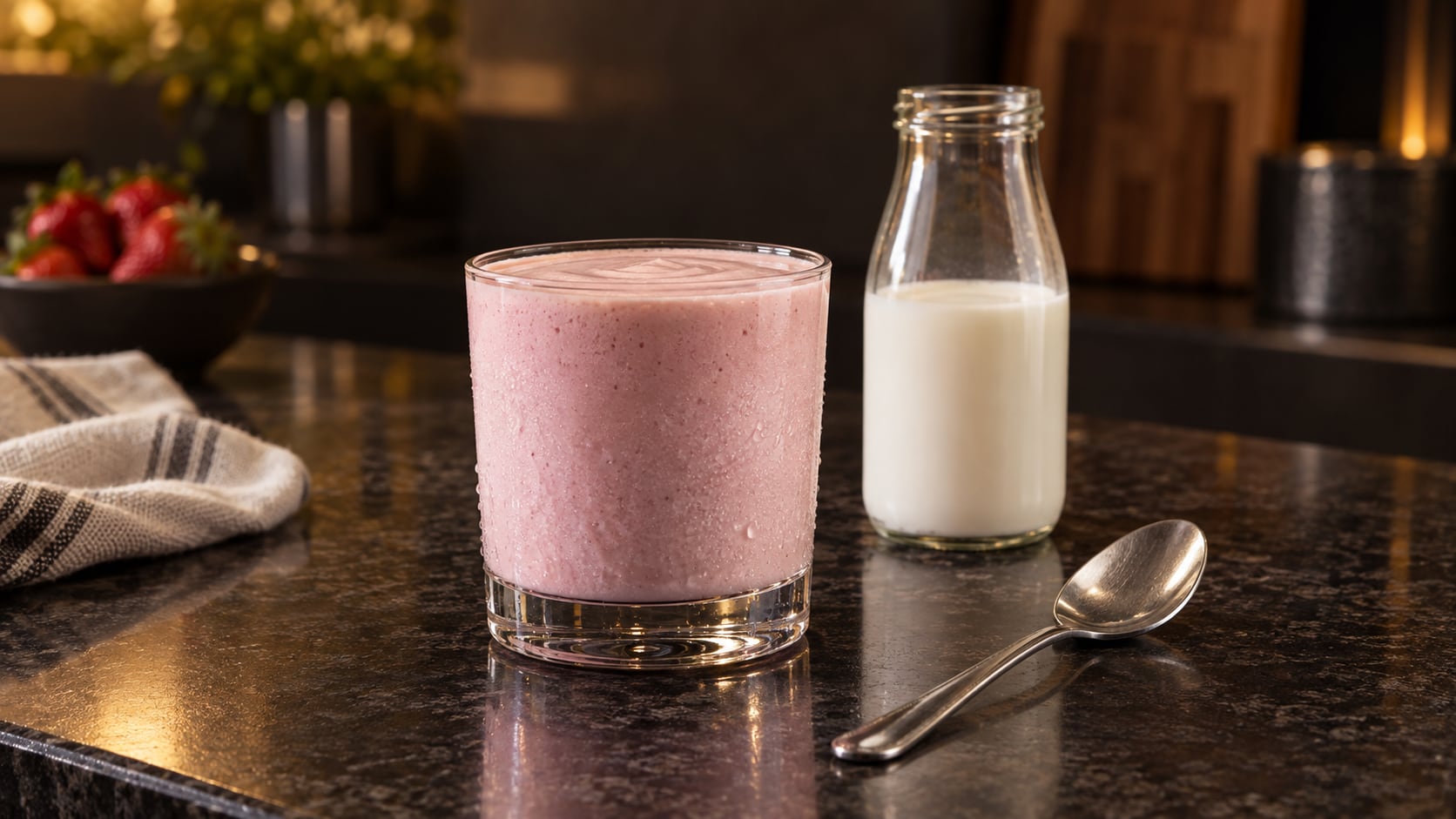 A pale pink milkshake in a clear glass beside a milk bottle and spoon on a dark kitchen counter.