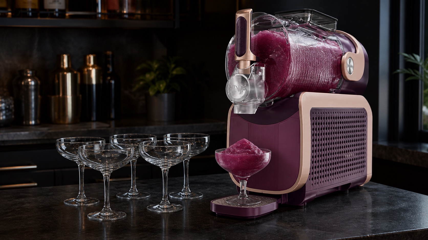 Reference-accurate Ninja SLUSHi Max-style machine with blackberry-purple slush and empty coupe glasses for party-size planning.
