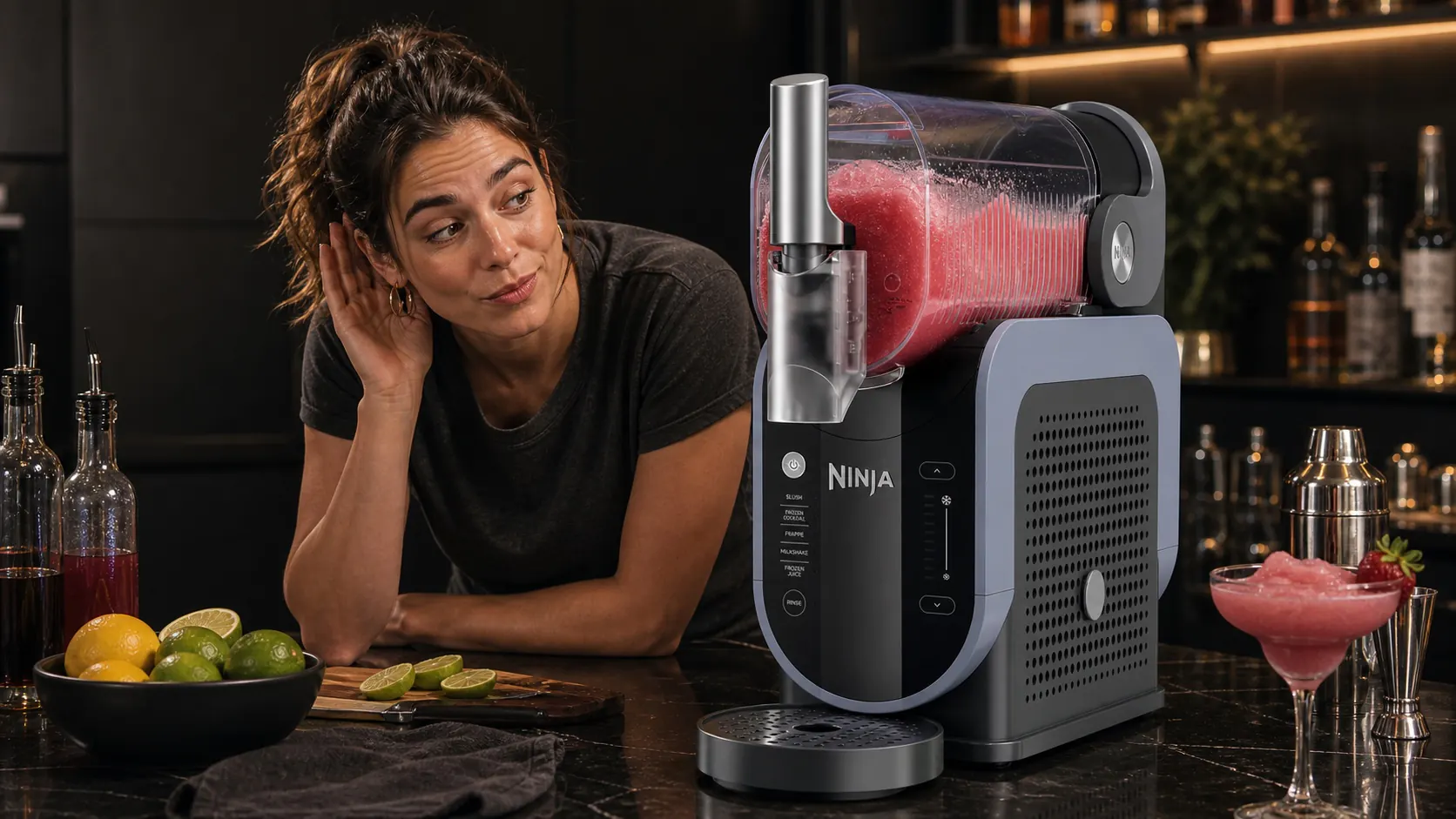 Woman listening to a Ninja SLUSHi-style machine with pink slush in the chamber on a dark kitchen bar.