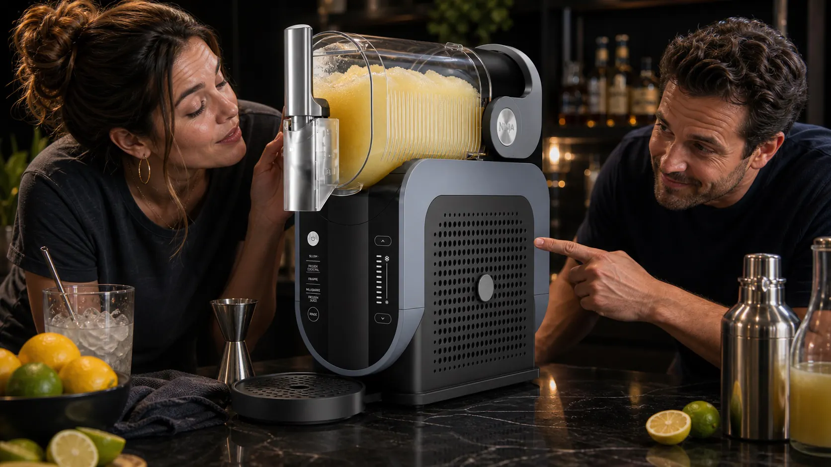 Two people listening near the front chamber and side vent of a Ninja SLUSHi-style machine to locate a noise.