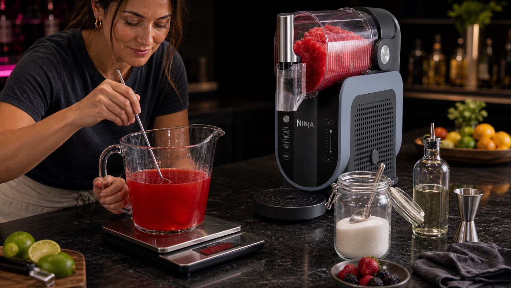 Woman stirring red slush mix in a pitcher on a kitchen scale beside a Ninja SLUSHi-style machine.
