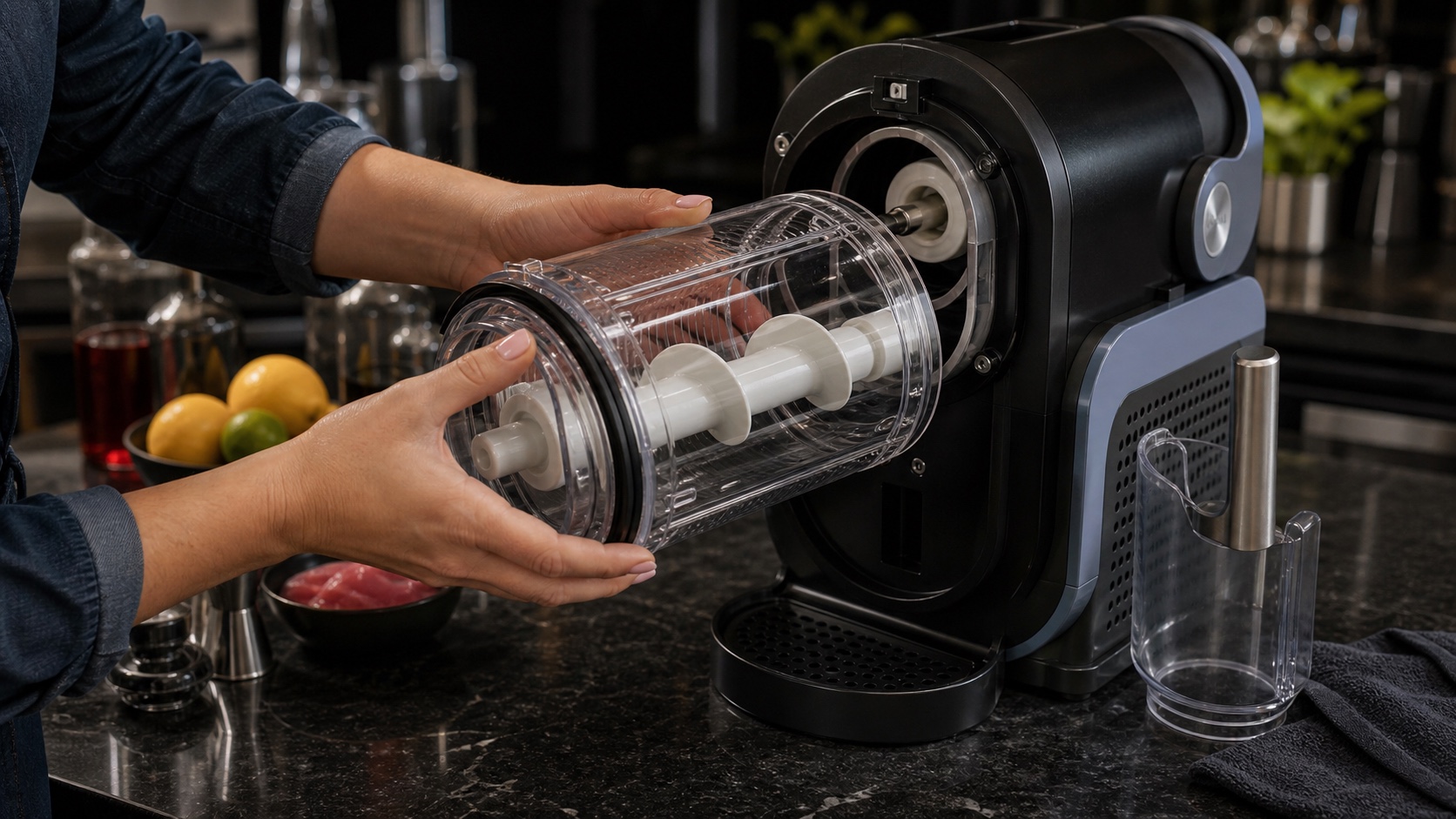 Hands reseating the clear bowl and auger of a Ninja SLUSHi-style machine after cleaning.