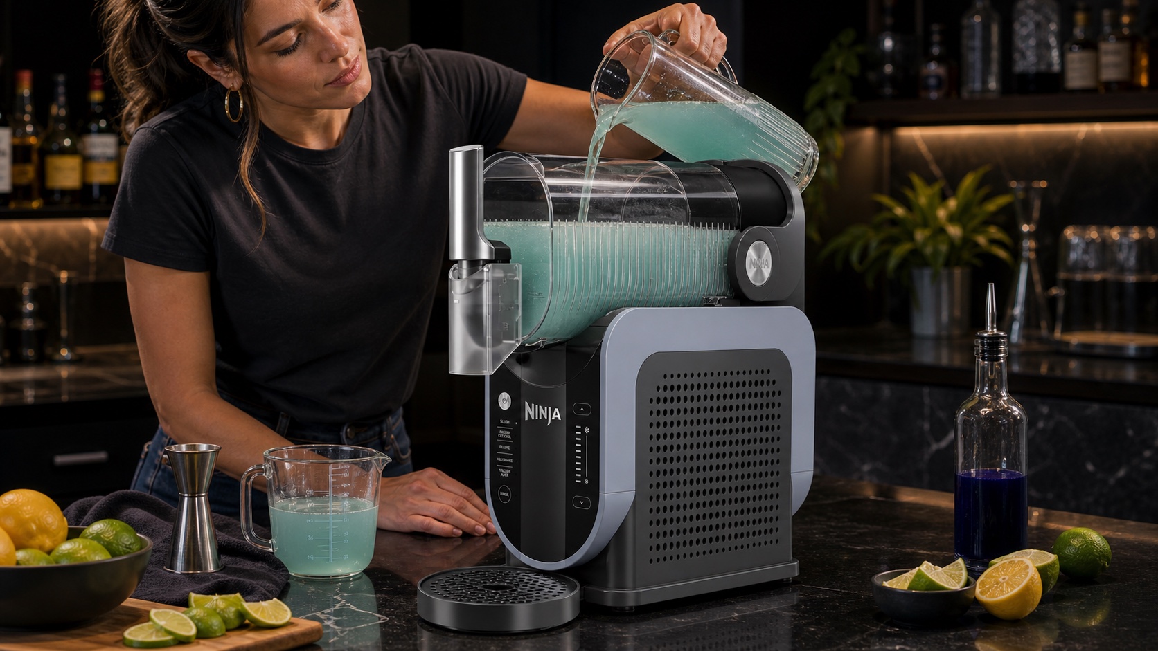 Aqua slush mix being poured into a countertop slush machine while leaving clear headroom in the chamber.