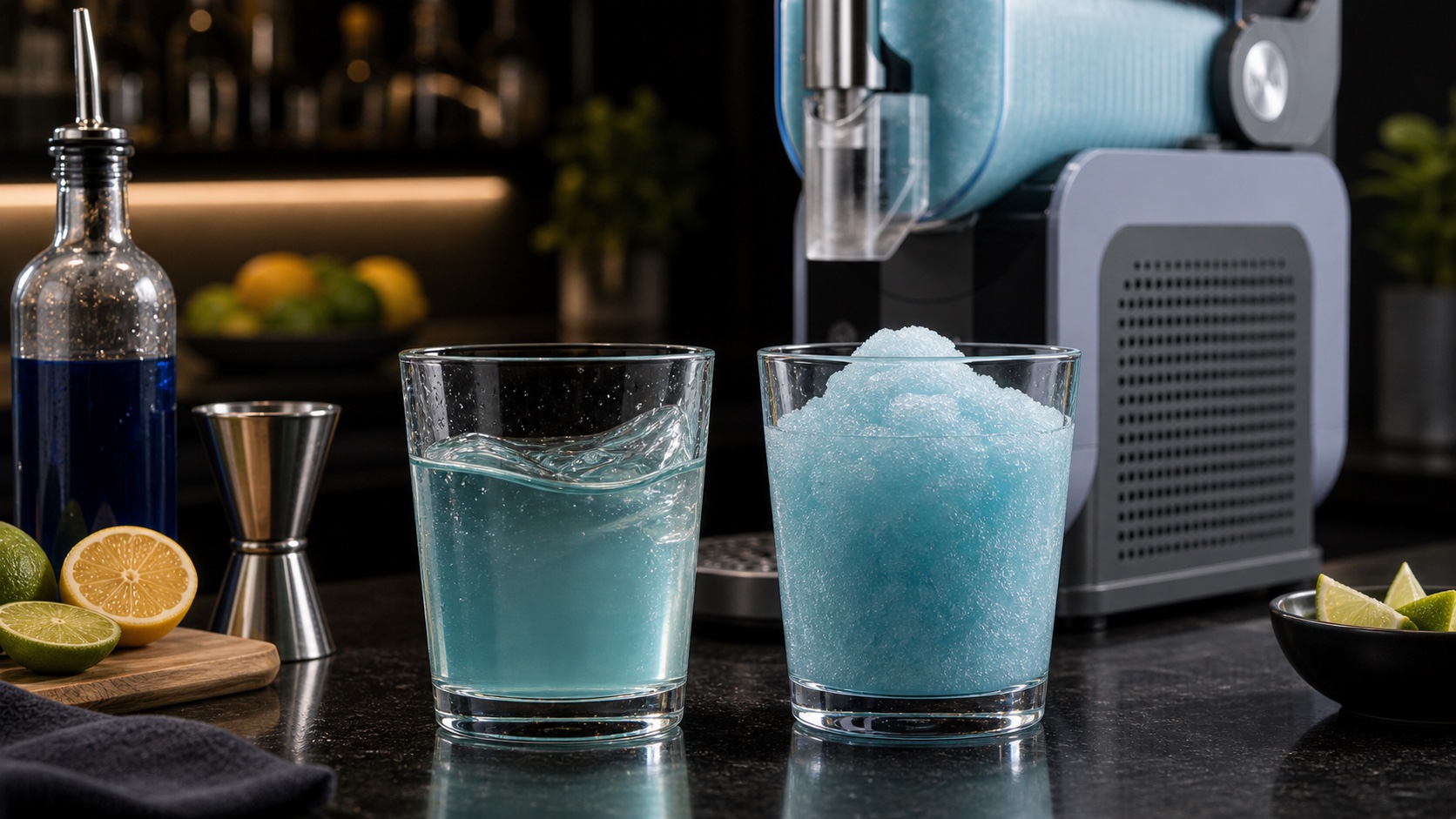 Watery aqua mix and scoopable blue slush shown side by side with a Ninja SLUSHi-style machine behind them.