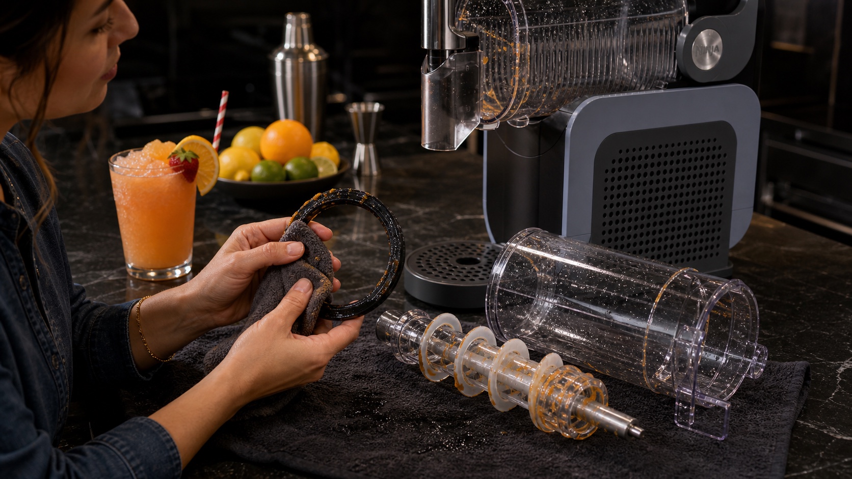 Hands cleaning a rubber gasket and removable auger parts near a Ninja SLUSHi-style machine.