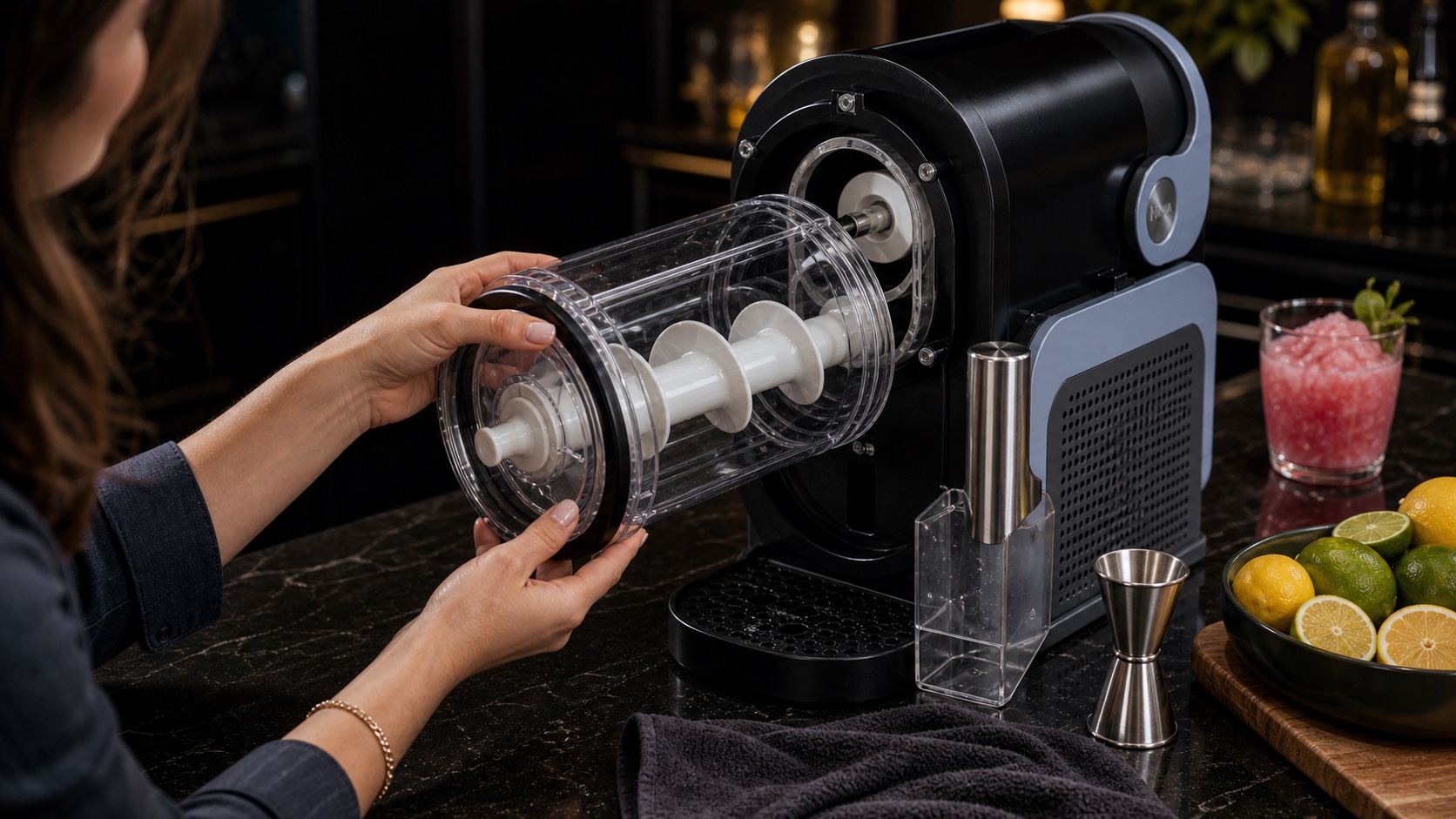 Hands reinstalling the auger and clear chamber straight into a Ninja SLUSHi-style machine.