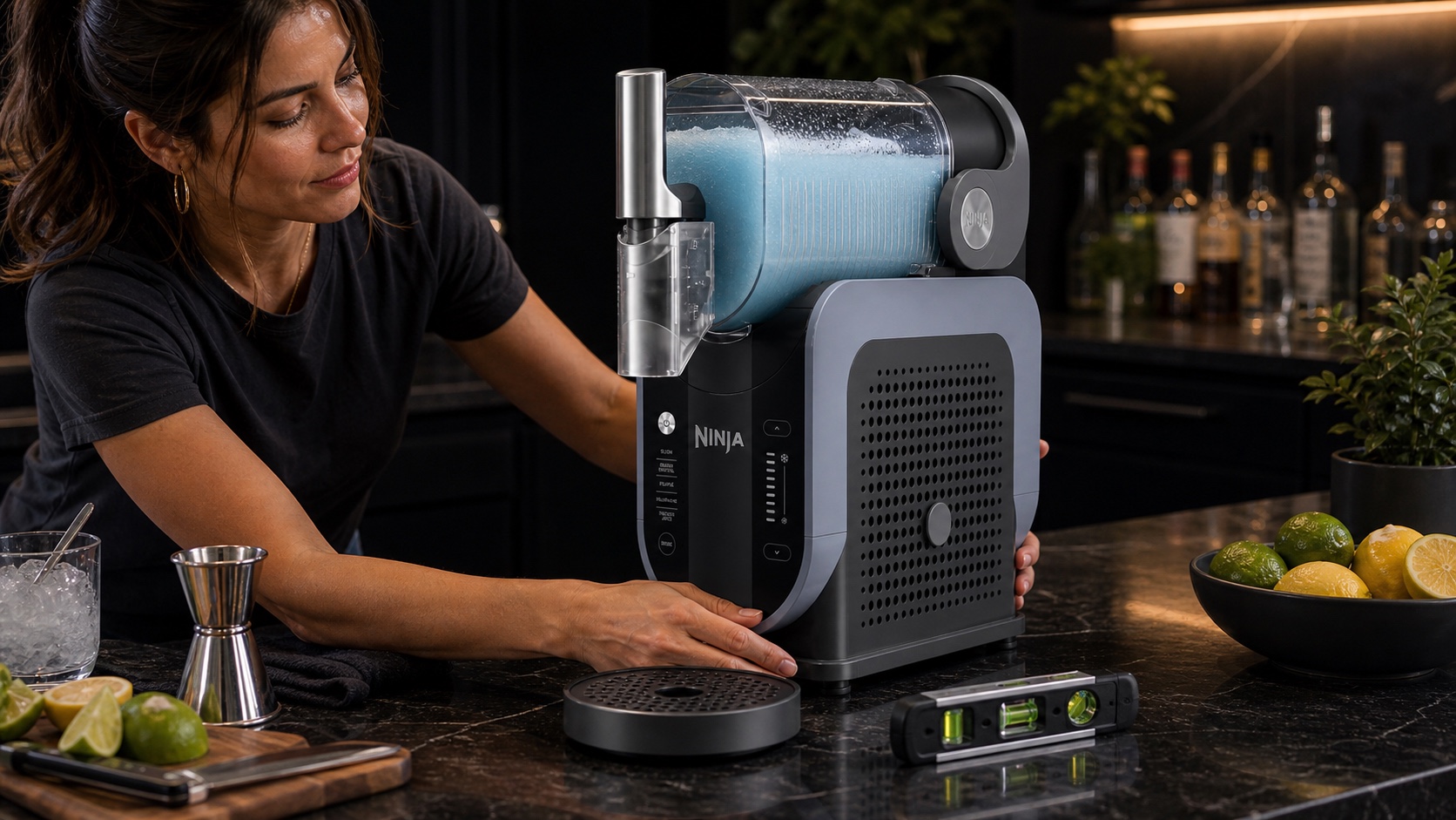 Woman adjusting a Ninja SLUSHi-style machine on a level counter with the side vent visible.