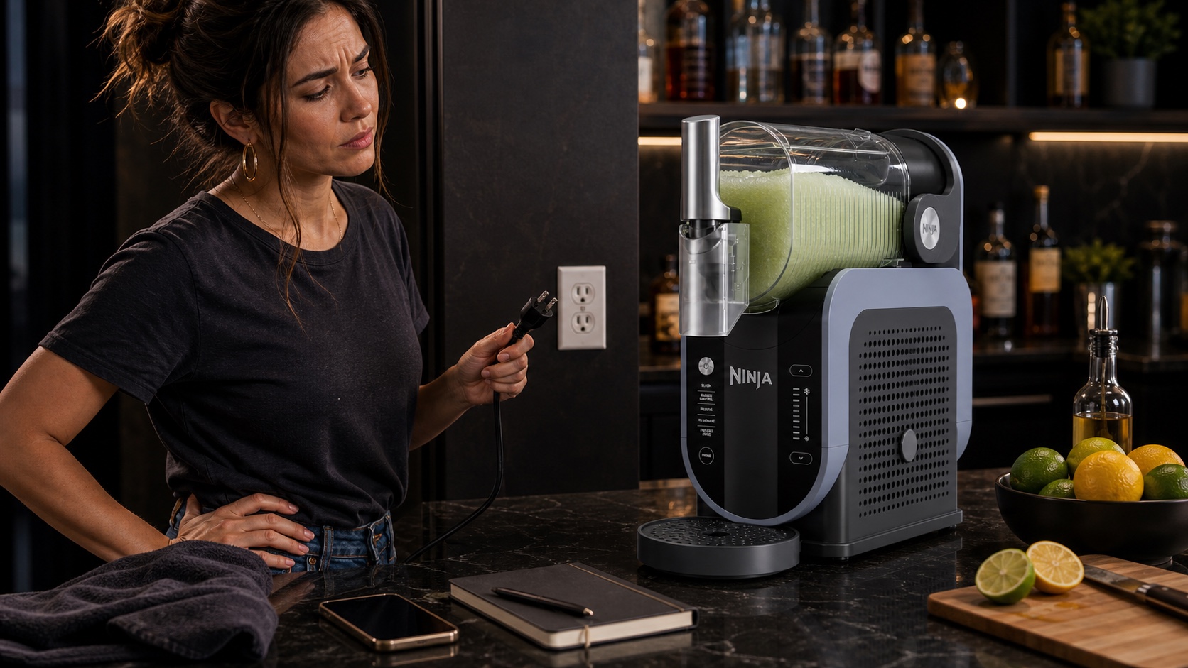 Woman unplugging a Ninja SLUSHi-style machine beside a face-down phone and notebook for support notes.
