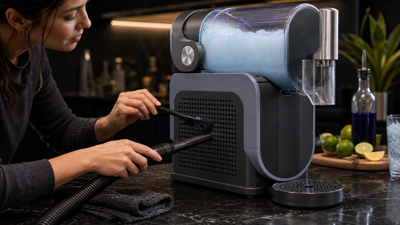 Woman cleaning the side vent of a Ninja SLUSHi-style machine with a brush and vacuum tool.