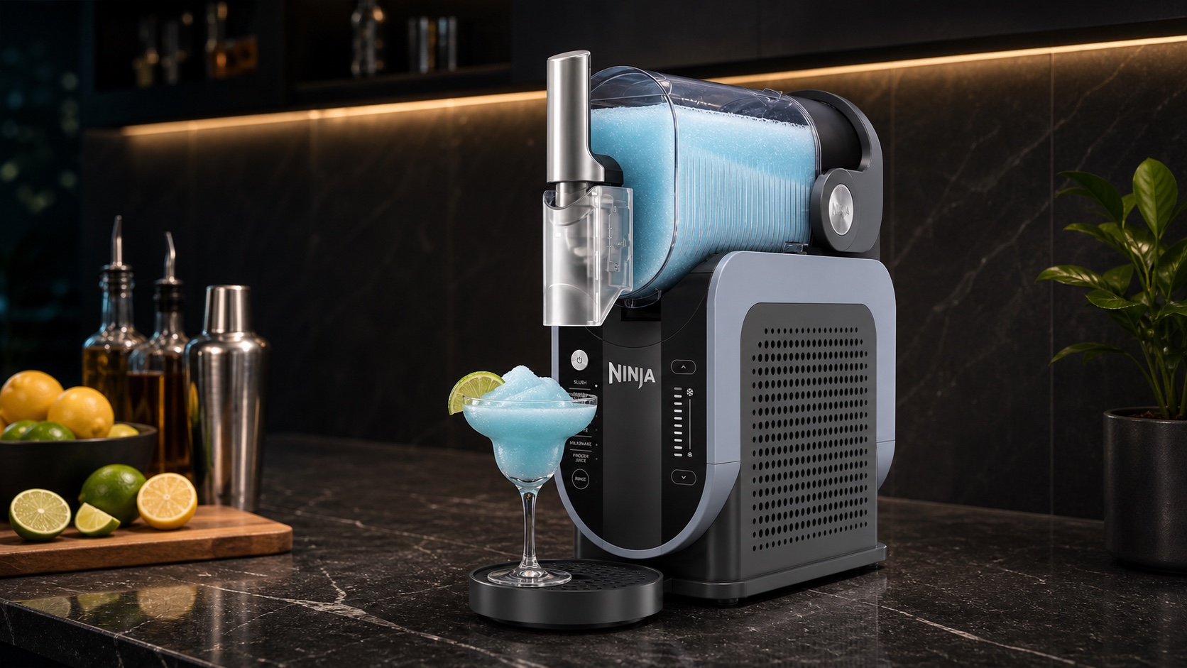 Ninja SLUSHi-style machine running normally with pale blue slush and clear side airflow space.