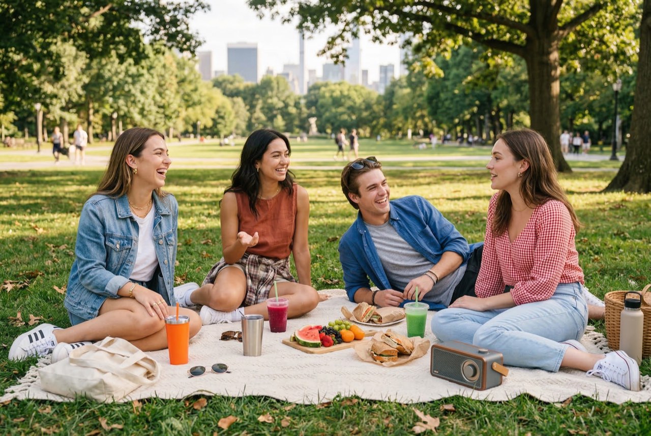 Four friends laughing on a picnic blanket in a city park with colourful frozen drinks and snacks, skyline in the background.