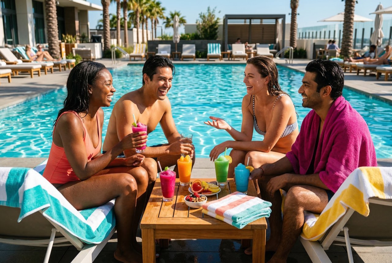 Four friends in swimwear relaxing poolside with brightly coloured frozen drinks on a sunny resort afternoon.