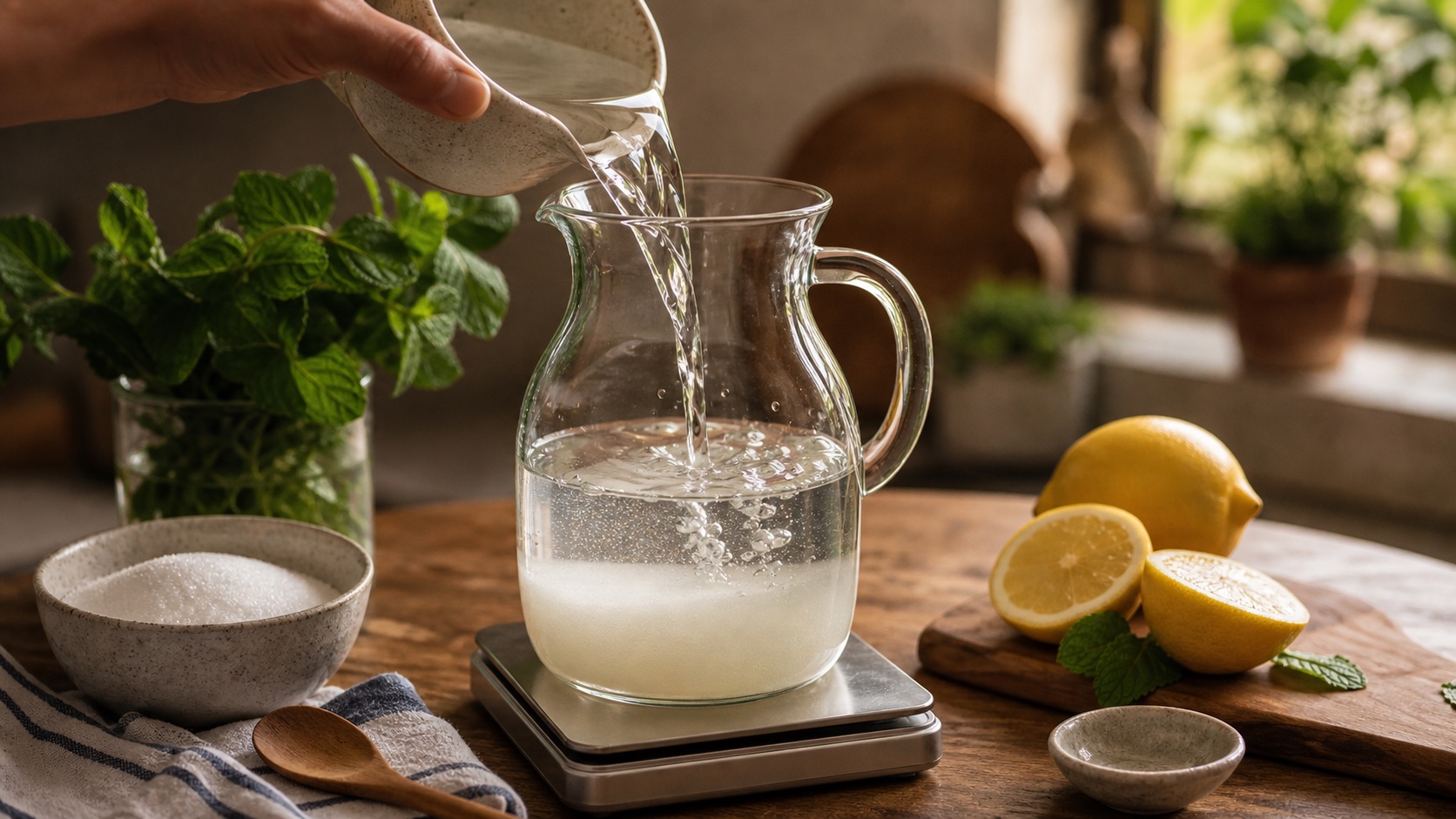Water being poured into a clear pitcher with sugar for a batch of 1:1 simple syrup.