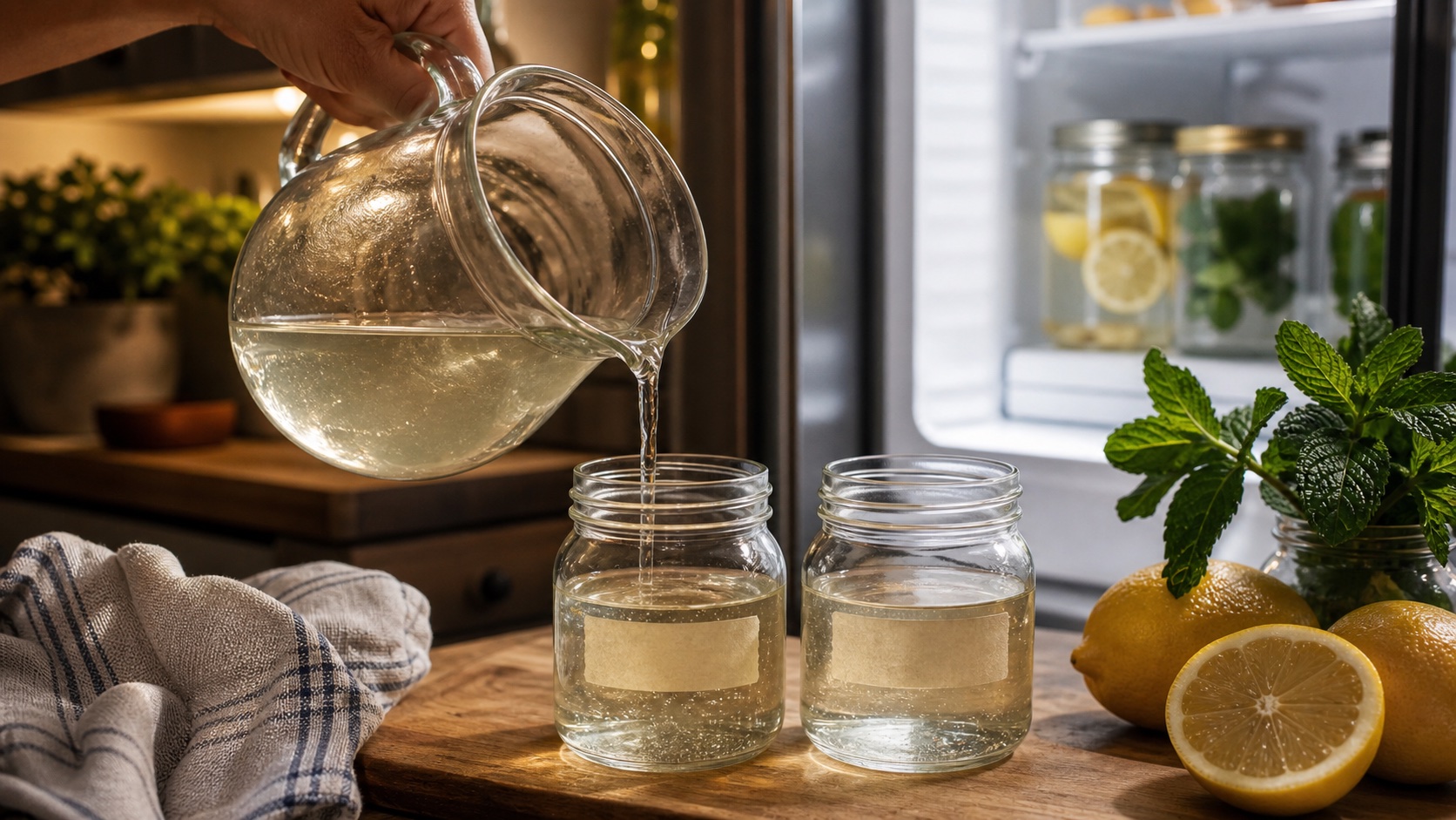 Clear 1:1 simple syrup being poured from a pitcher into small storage jars near an open refrigerator.
