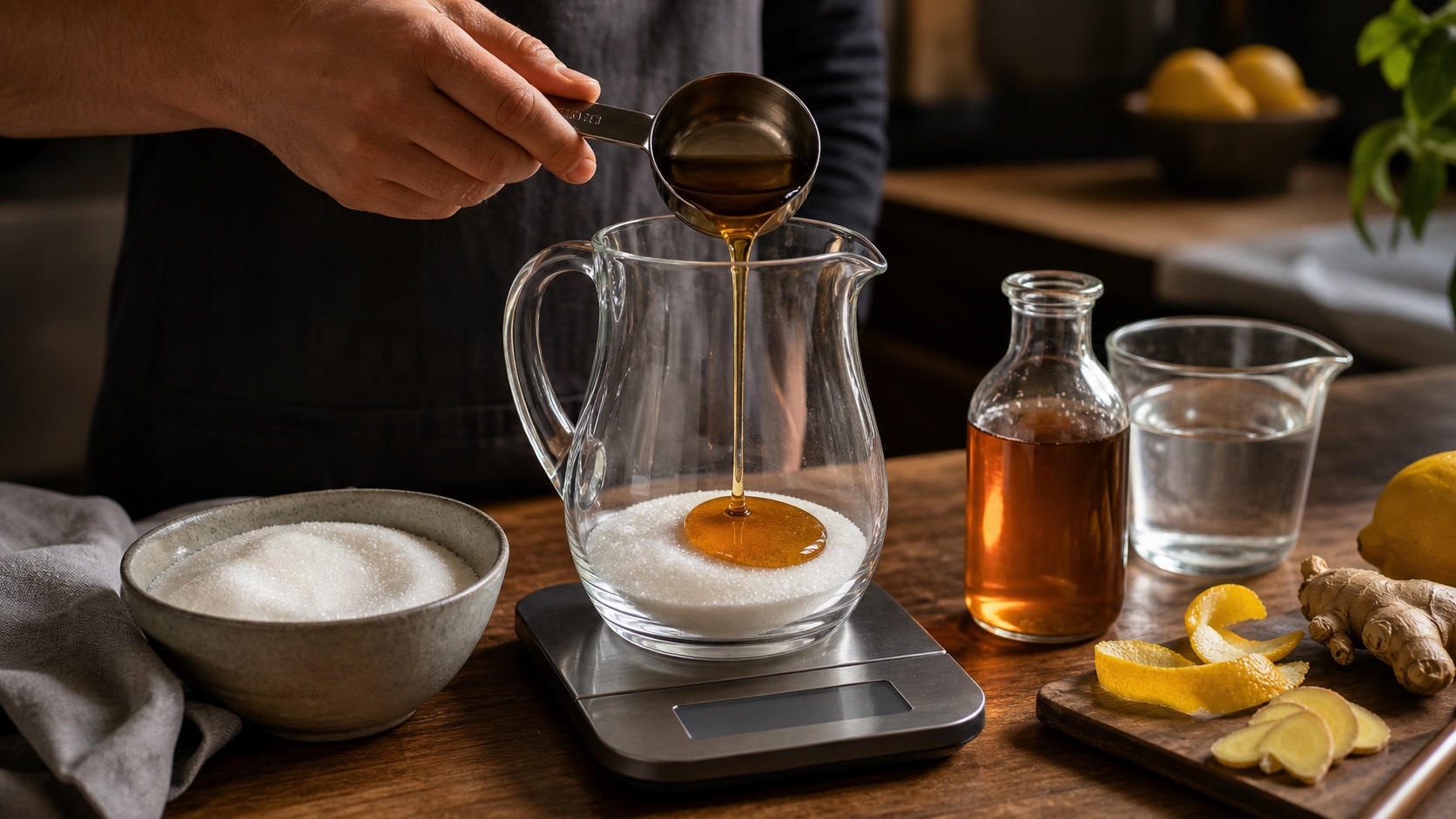 Amber rich simple syrup being measured into a clear pitcher on a kitchen scale.