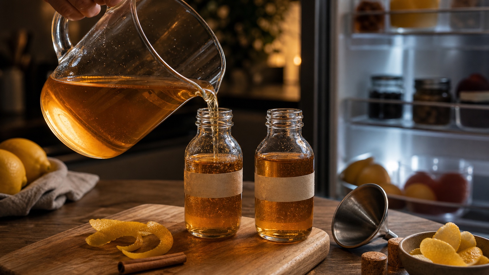 Amber 2:1 rich simple syrup being poured from a pitcher into small clean storage bottles.